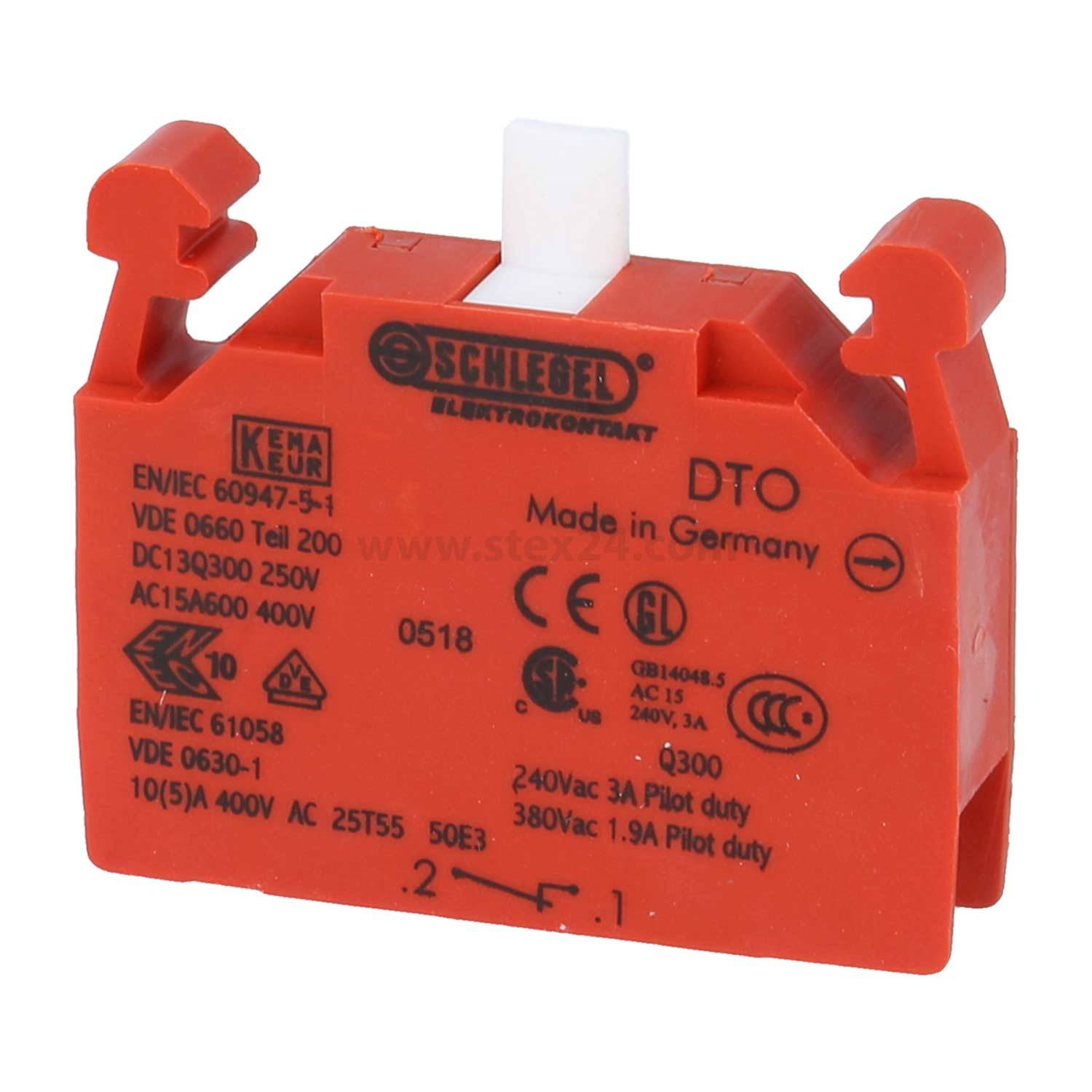 Roter Schlegel DTO-Schalter; Modell- und Spannungsspezifikationen, hergestellt in Deutschland.