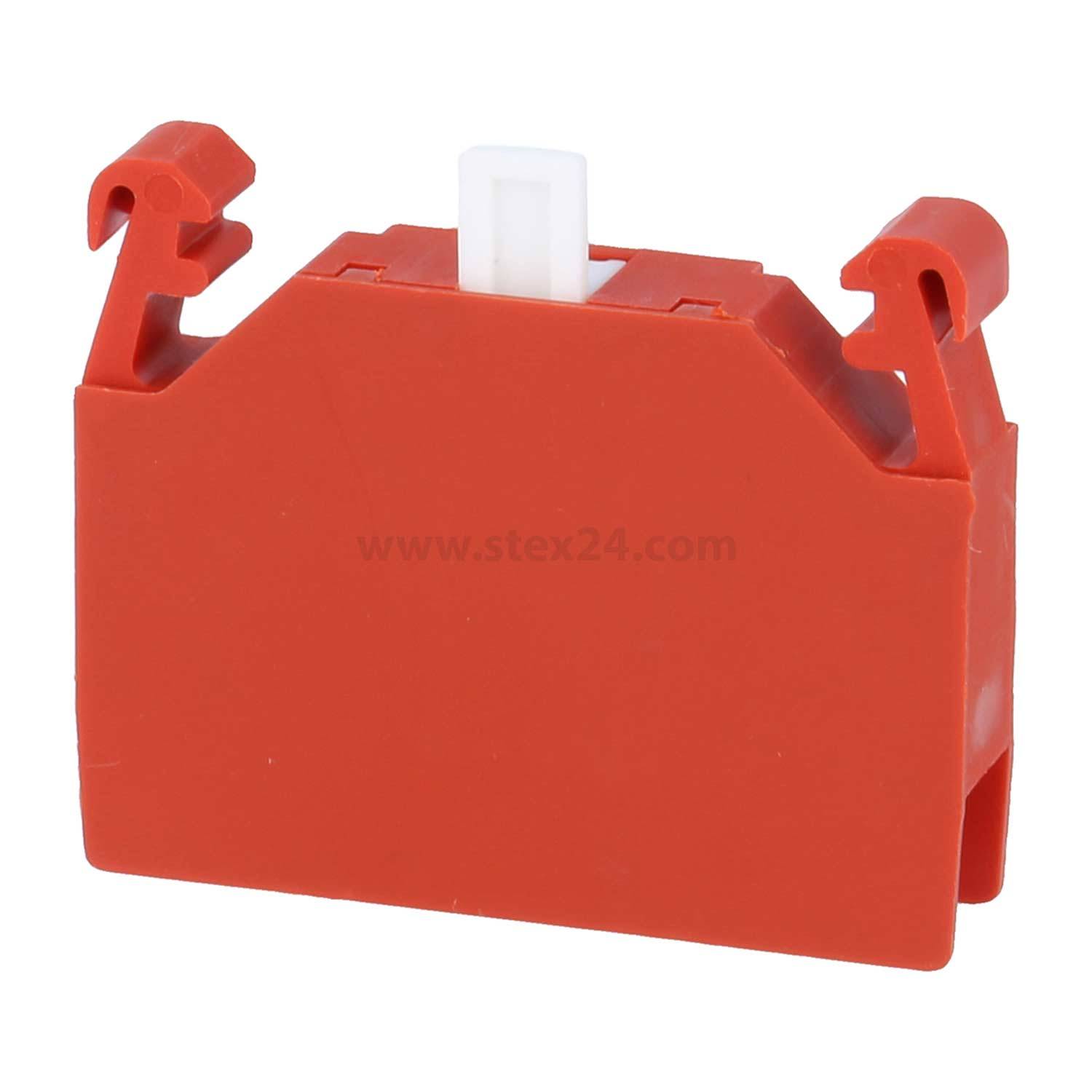 Eine rote Plastik-Sicherheitsverriegelungsvorrichtung mit einem weißen Umschalter, die verwendet wird, um eine versehentliche Aktivierung von Schaltern oder Sicherungsautomaten zu verhindern.