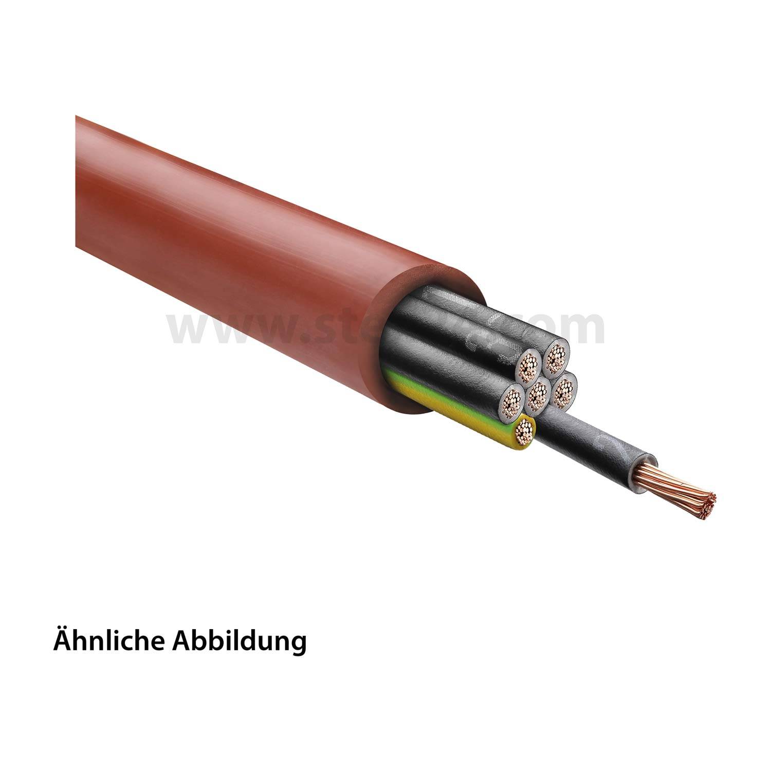 „Querschnitt eines Mehrkern-Elektrokabels mit Kupferdrähten in einer roten Außenhülle.