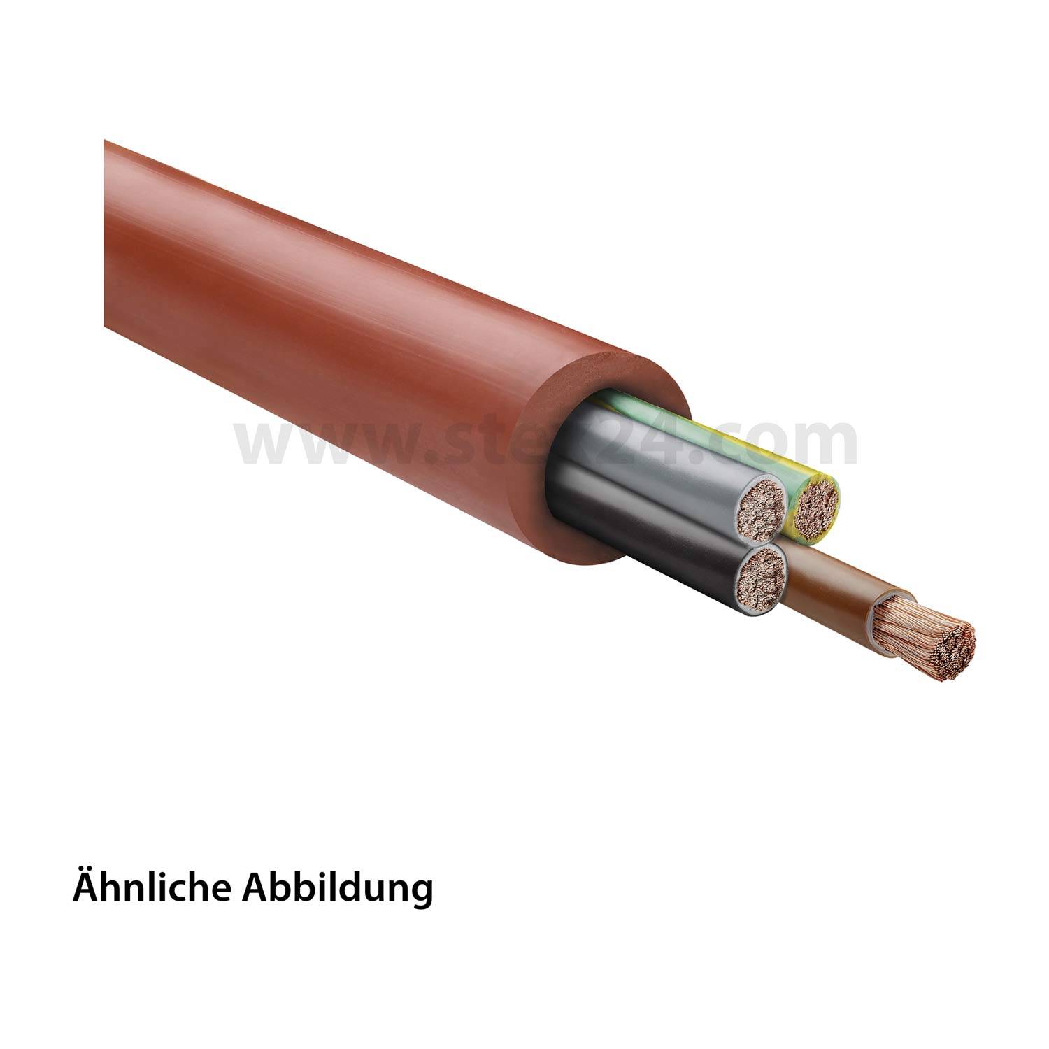 Ein Querschnitt eines Vier-Kern-Kabels mit braunen, schwarzen, grauen und grün/gelben Leitern in einer roten Ummantelung, mit der Bezeichnung 'Ähnliche Abbildung'.