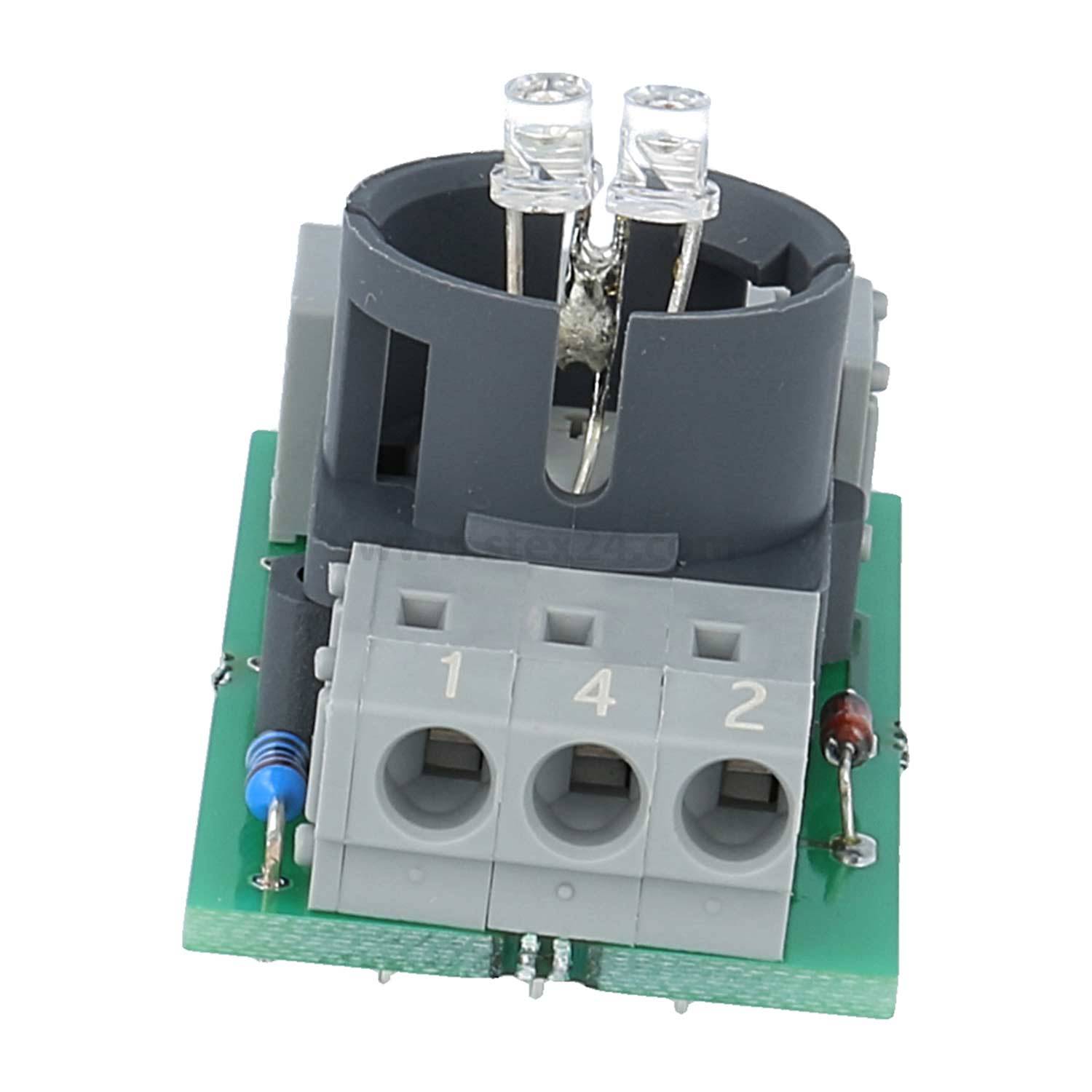 Nahaufnahme einer grünen Leiterplatte mit einem grauen Kunststoff-Anschlussblock, der mit 1, 2, 3, 4 markiert ist, und zwei vertikalen LEDs darüber.