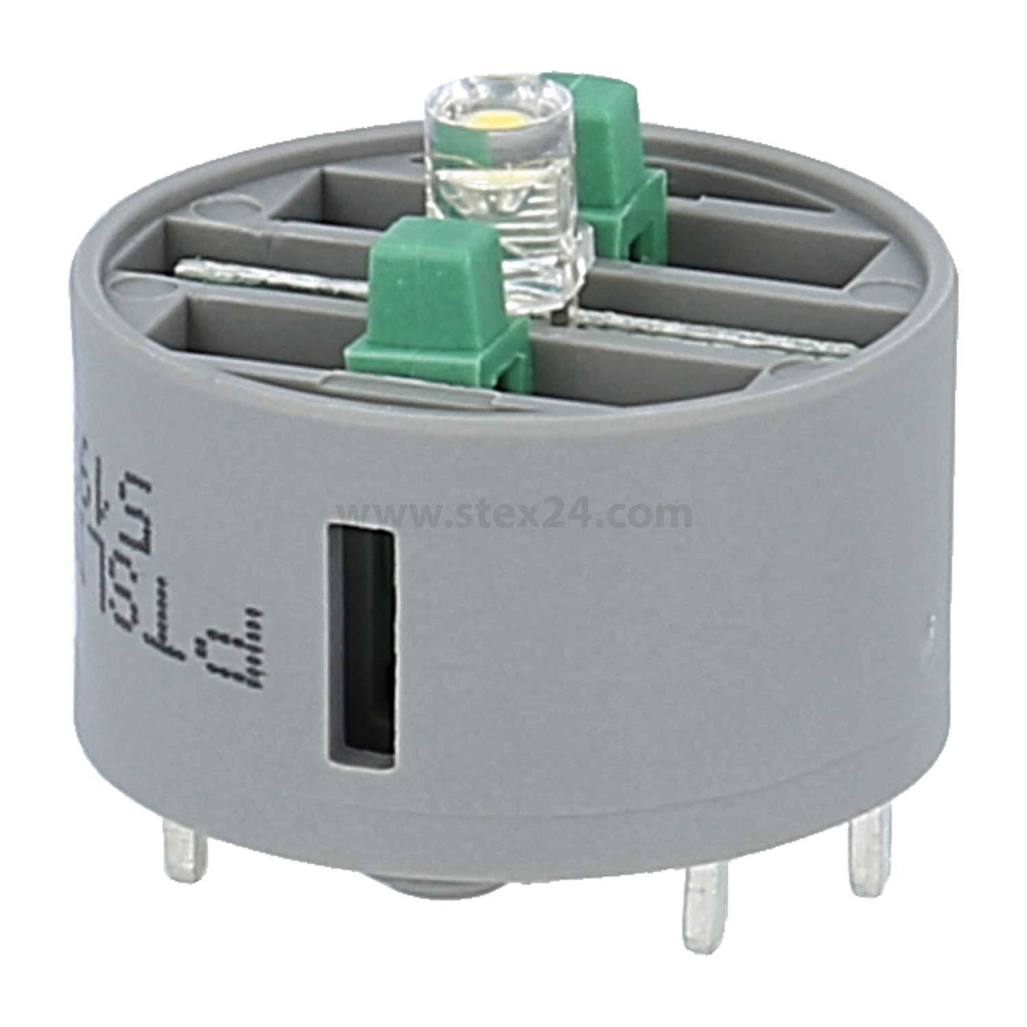 Eine runde graue elektronische Komponente mit einer LED oben und grünen Anschlüssen, die in Signal- oder Indikatoranwendungen eingesetzt wird.