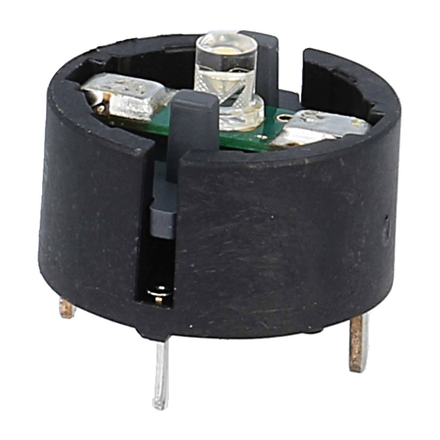 Ein schwarzer Kunststoff-3-Pin-LED-Halter mit integrierter LED.
