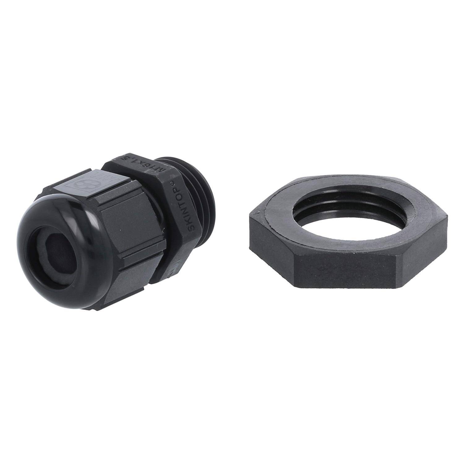 Schwarze Kabelverschraubung mit passender Mutter, entwickelt zum Sichern von Kabeln. Geeignet für elektrische oder mechanische Anwendungen.
