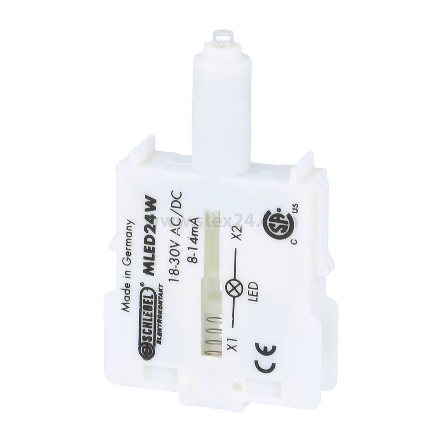 Seiho LED-Netzteilmodul, Modell MLED24W, Eingangsspannung 18-30V AC/DC, 8-14mA, weiße Gehäuse, Hergestellt in Deutschland.