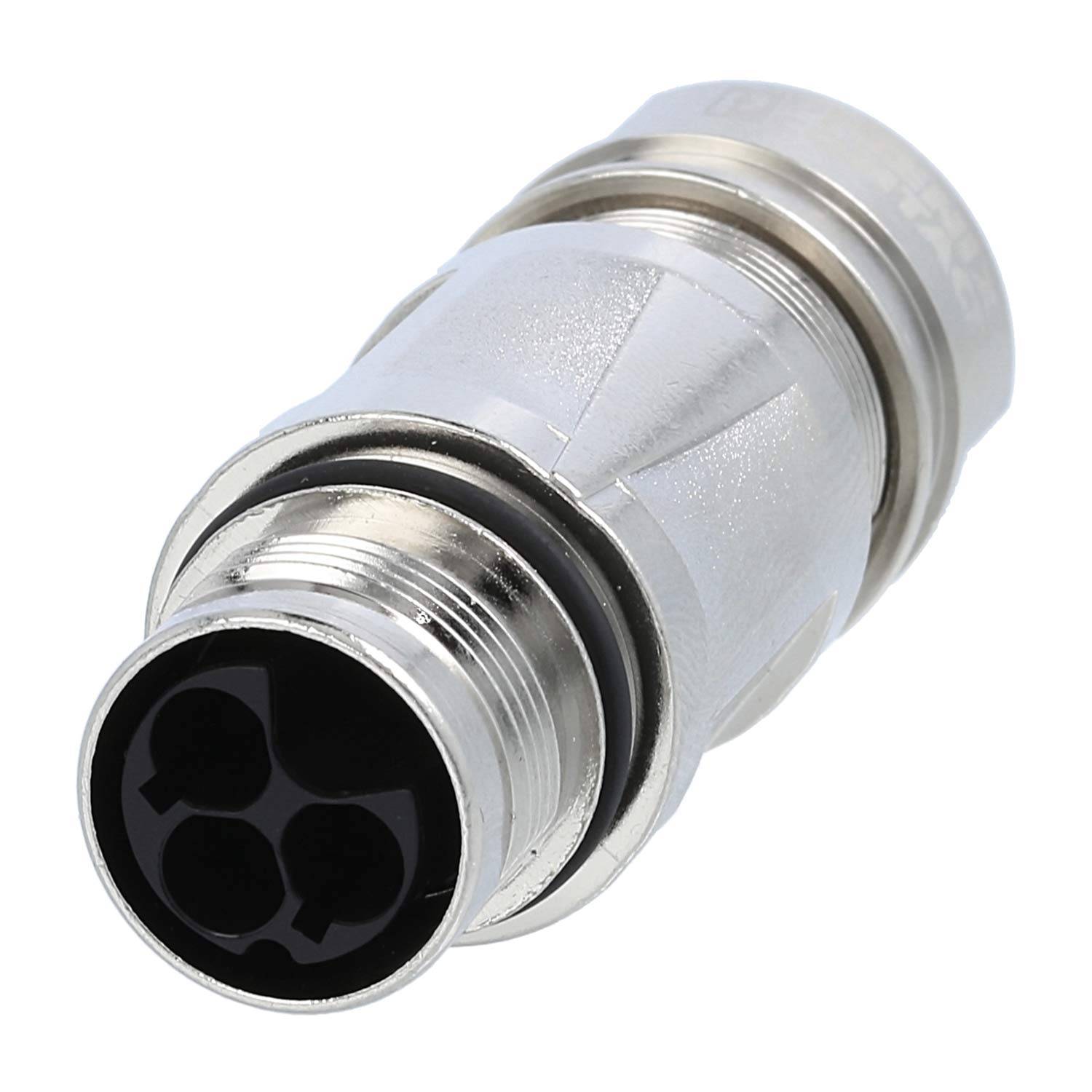 Ein Metallverbinder für elektrische Kabel mit drei zylindrischen Buchsen, der in industriellen und elektronischen Anwendungen häufig verwendet wird.
