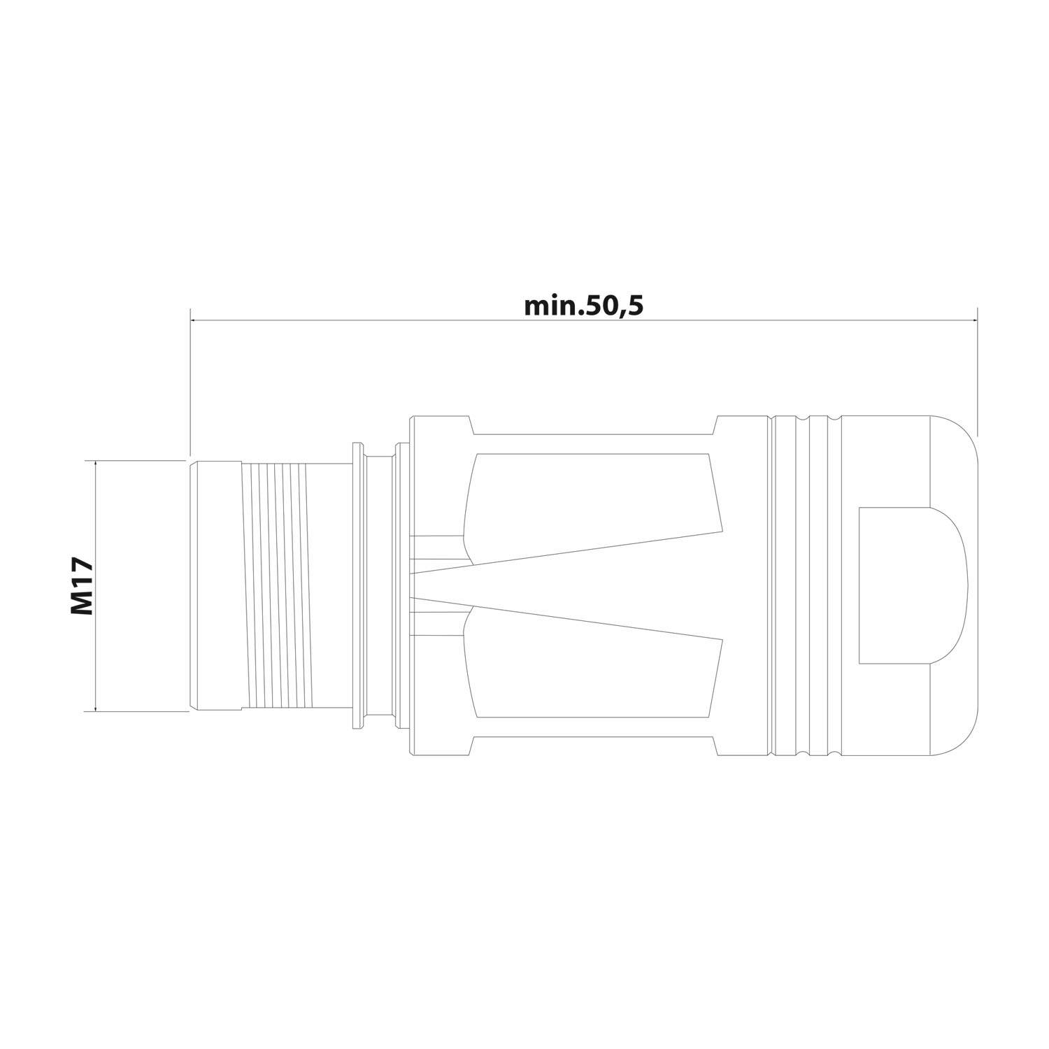 Technische Zeichnung eines M17-Anschlusses mit einer Mindestlänge von 50,5 Einheiten, die Konstruktionsdetails und Abmessungen zeigt.