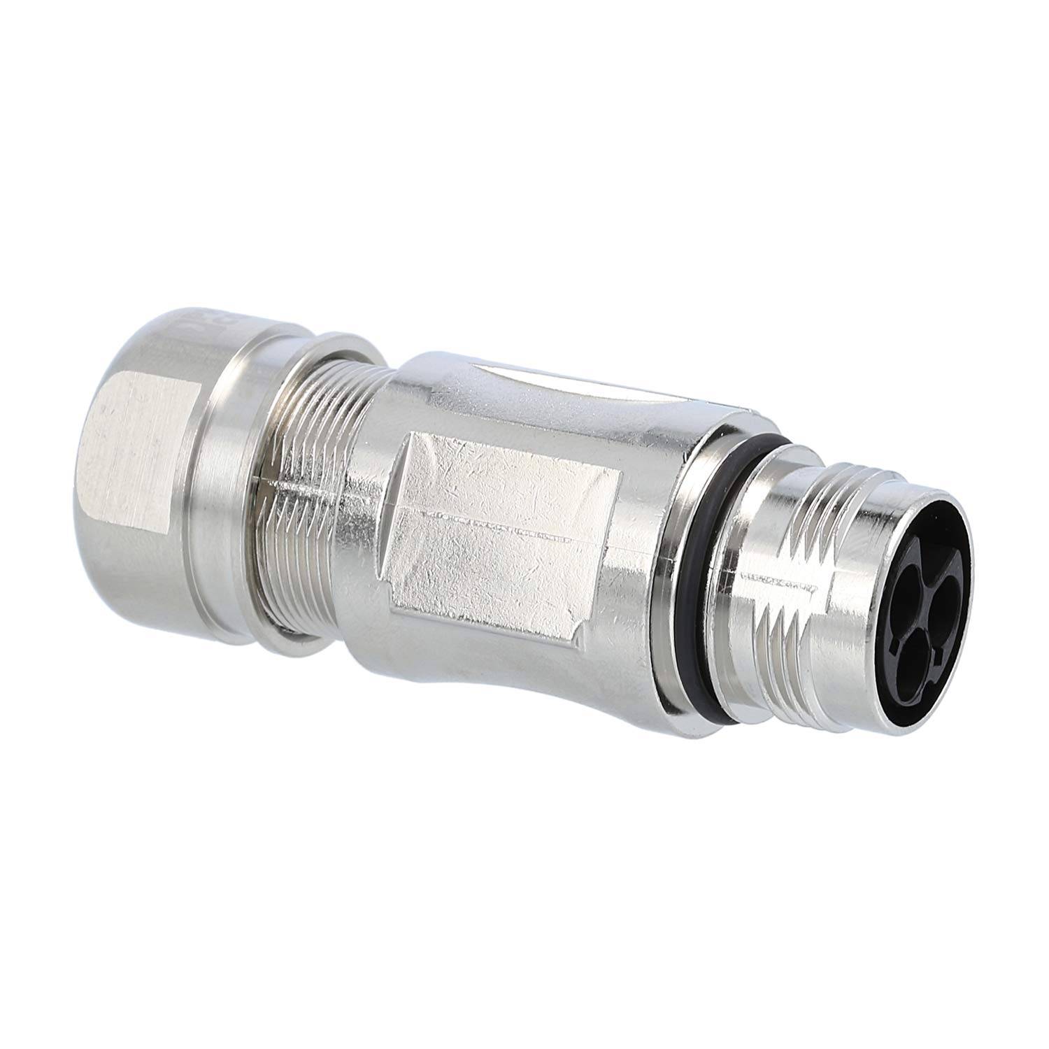 Ein metallischer Industrieverbinder mit zylindrischer Bauweise, ausgestattet mit einer Gewindekupplung und vier Buchsenkontakten, der für elektronische Verbindungen verwendet wird.