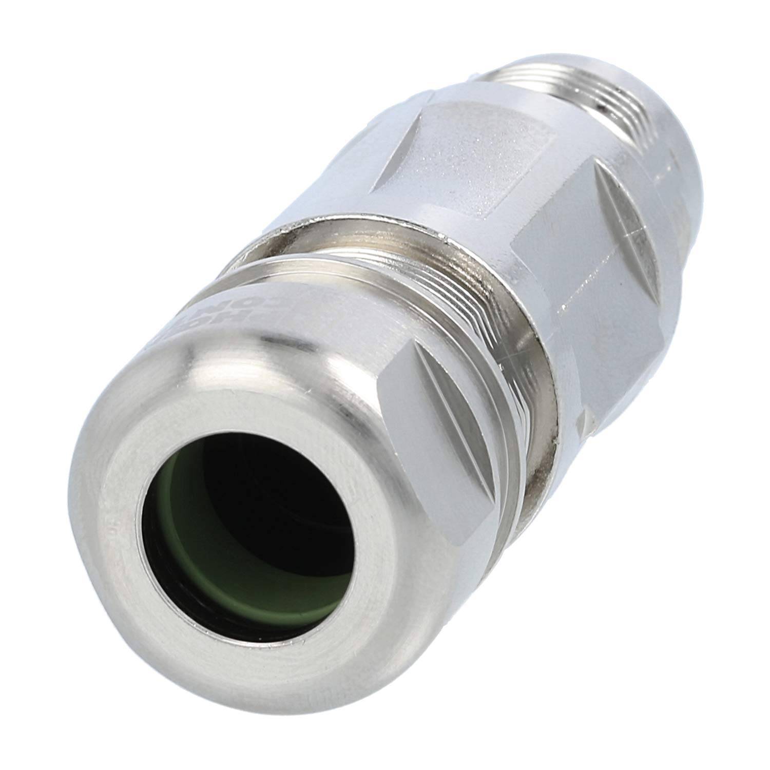 Eine Kabelverschraubung aus Metall mit sechseckigem Design, die verwendet wird, um elektrische Kabel zu sichern und eine wasserdichte Abdichtung zu gewährleisten.