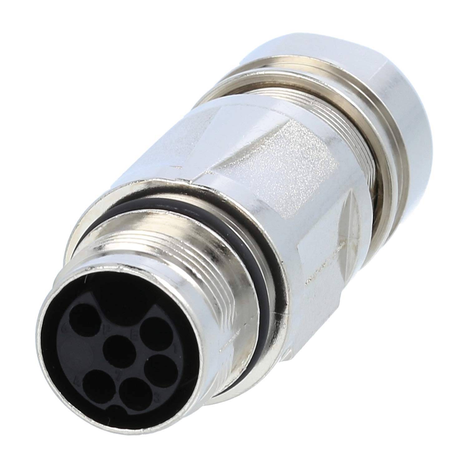 Ein metallischer Rundsteckverbinder mit einem Gewinde und mehreren Kontaktpunkten, der häufig für elektrische oder Datenverbindungen verwendet wird.