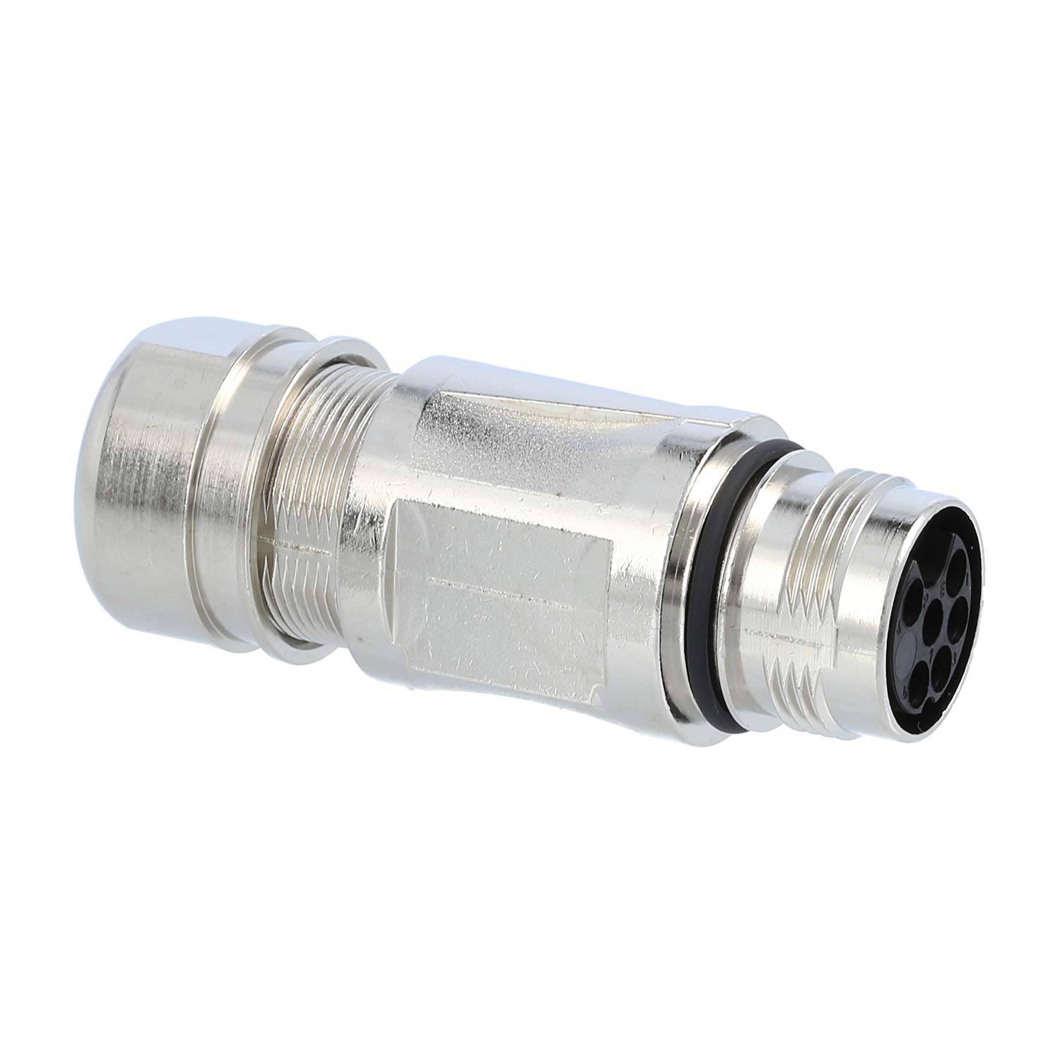 Eine Nahaufnahme eines metallischen industriellen Verbindungsstücks, das mit mehreren Anschlüssen für Stifte an einem Ende dargestellt wird, entwickelt für elektronische oder mechanische Verbindungen.