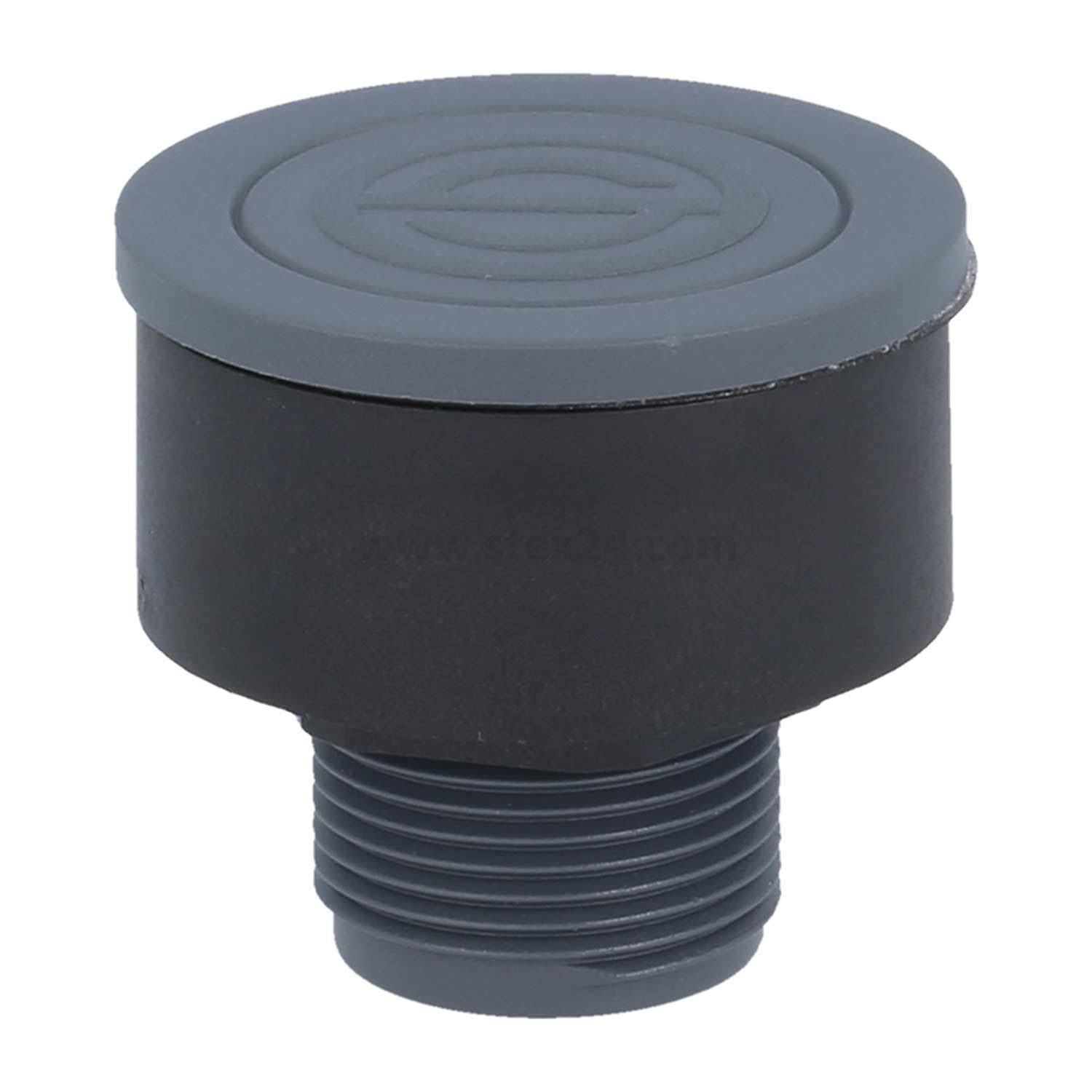 Schwarze und graue Kunststoff-Endkappe mit gewindeter Unterseite, konzipiert für Sanitär- oder mechanische Anwendungen.