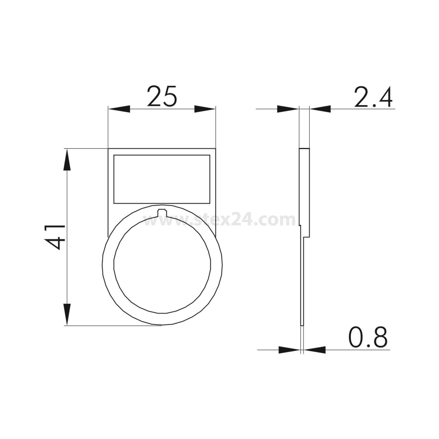 Technische Zeichnung eines kreisförmigen flachen Griffs mit Maßen: 25 mm Breite, 41 mm Höhe, 2,4 mm Tiefe und 0,8 mm Dicke.