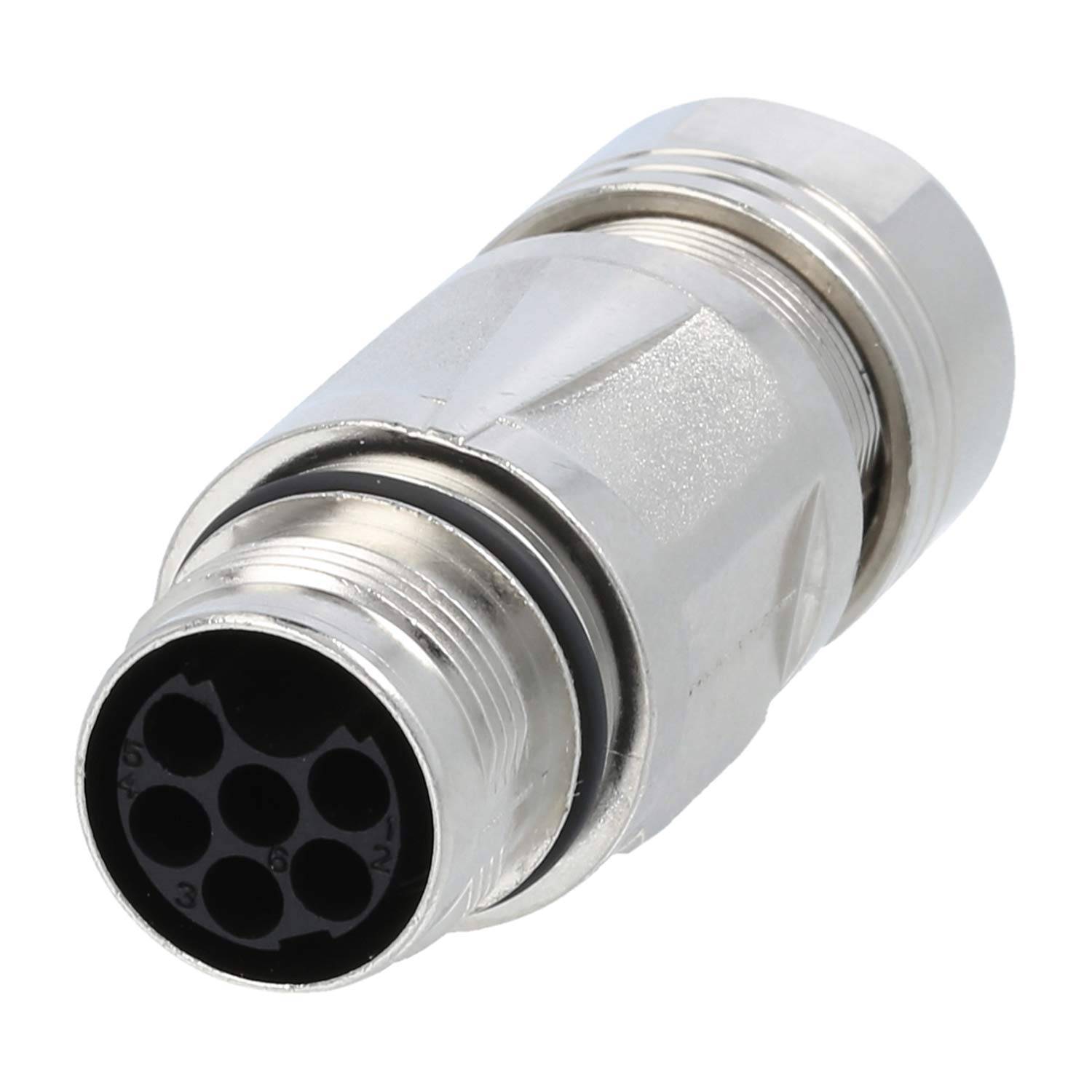 Runder Metall-Verbinder mit mehreren Pins, verwendet für sichere elektrische Verbindungen in industriellen Anwendungen.