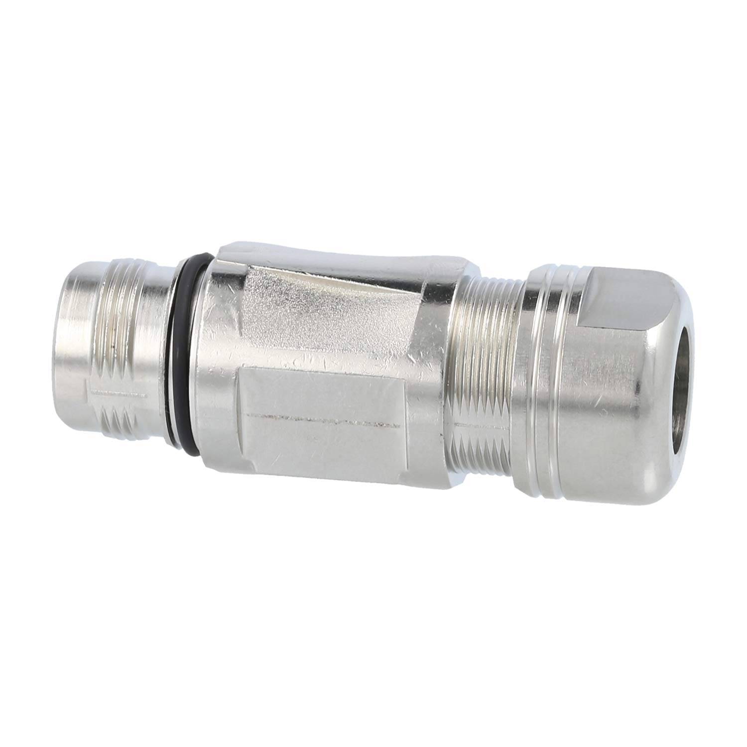 Ein Metall-Schnellverbinder mit sechseckiger Mitte, der für eine sichere und einfache Anbringung in Fluidtransportsystemen konzipiert ist.