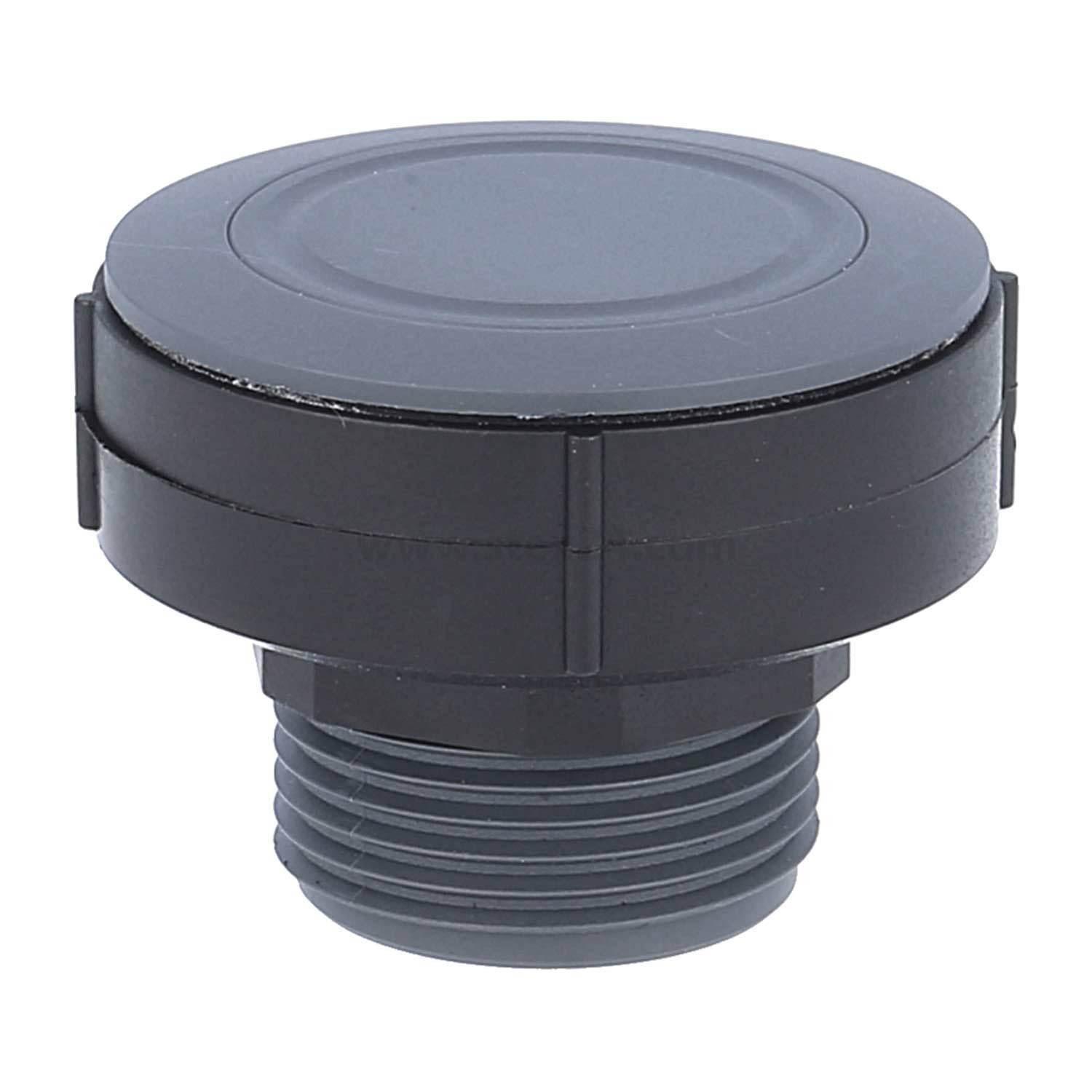 Ein schwarzer runder Plastikdeckel mit einer Gewindebasis, der geeignet ist, auf einen Behälter aufgeschraubt zu werden, wird in einer isolierten Ansicht dargestellt.