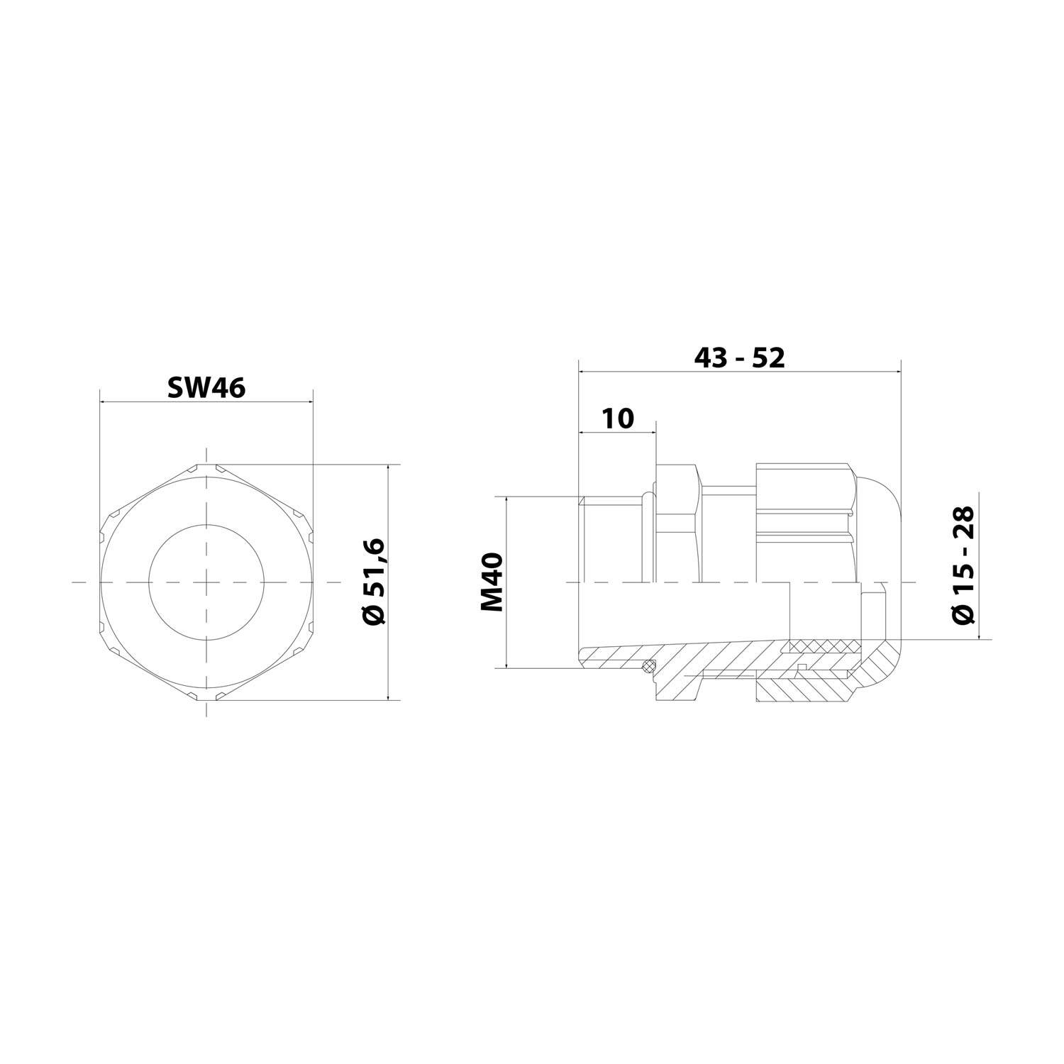 Technische Zeichnung eines mechanischen Bauteils mit Maßen: SW46, Ø51,6, Ø15-28, M40, Länge 43-52 und Höhe 10.