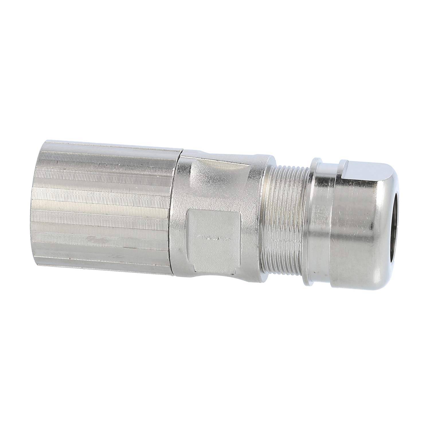 Eine silberne, metallische hydraulische Kupplung mit einer zylindrischen Form, glatter Oberfläche, die zur sicheren Verbindung zweier hydraulischer Leitungen verwendet wird.