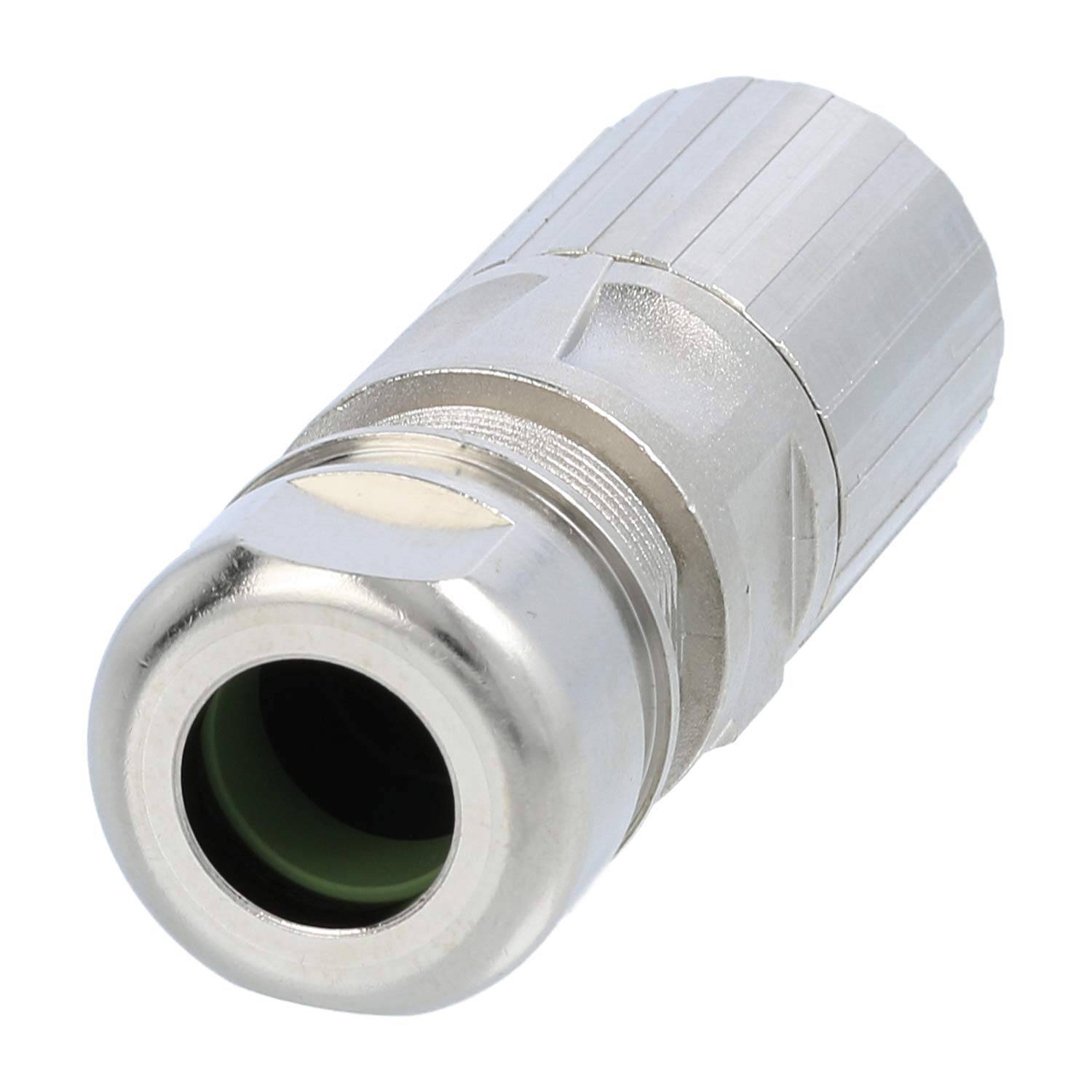 Ein Nahaufnahmebild eines Metallkabelverschraubungsstutzens, der seine zylindrische Form und das gewindete Ende zeigt, der zum Sichern von Kabeln an Geräten verwendet wird.