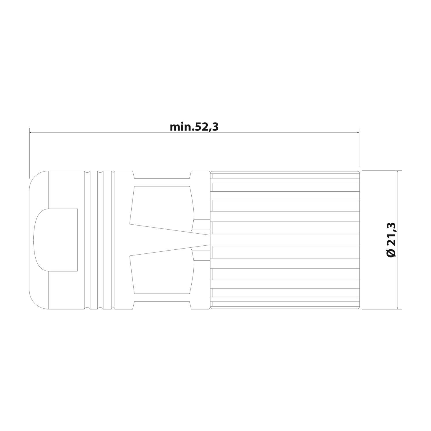 Technische Zeichnung eines zylindrischen Objekts mit Rillen und markierten Abmessungen: 52,3 mm Mindestlänge und Durchmesser von 21,3 mm.