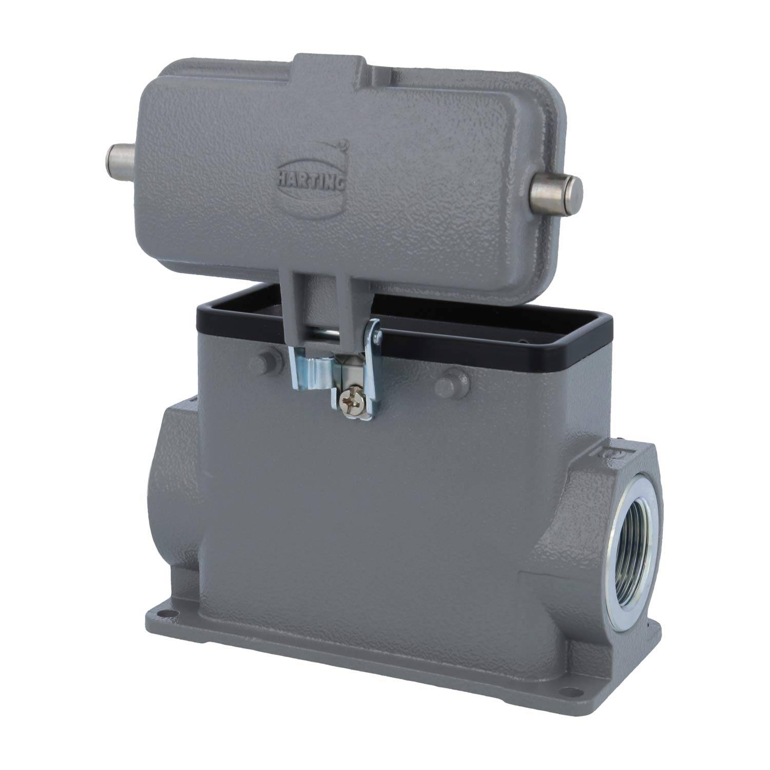 HARTING-Industriesteckverbindergehäuse mit einer rechteckigen Basis und einer verriegelbaren Schutzabdeckung, entwickelt für sichere Verbindungen.