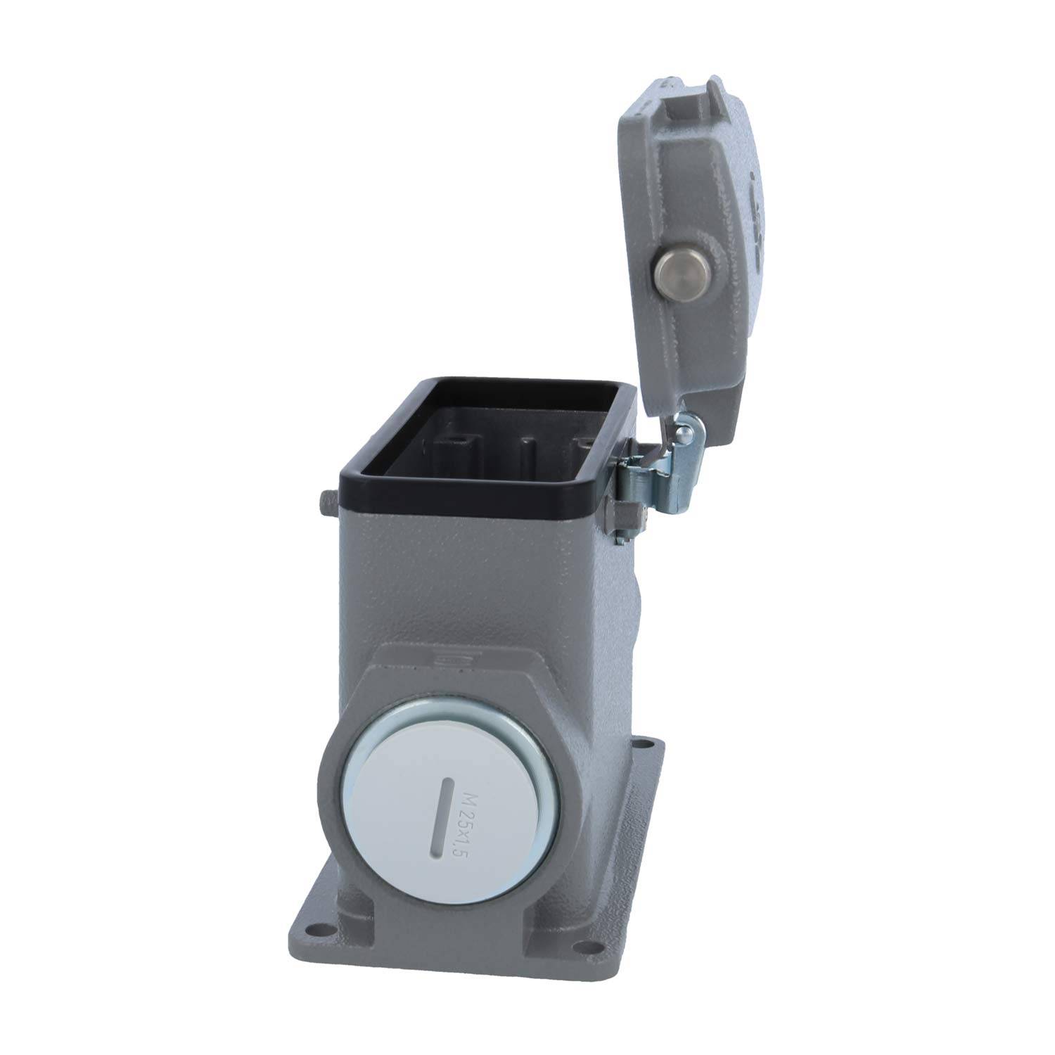 Eine robuste Metallsteckdosenbox mit Deckel und einem kreisförmigen Drehknopf an der Seite, für den industriellen Einsatz konzipiert.