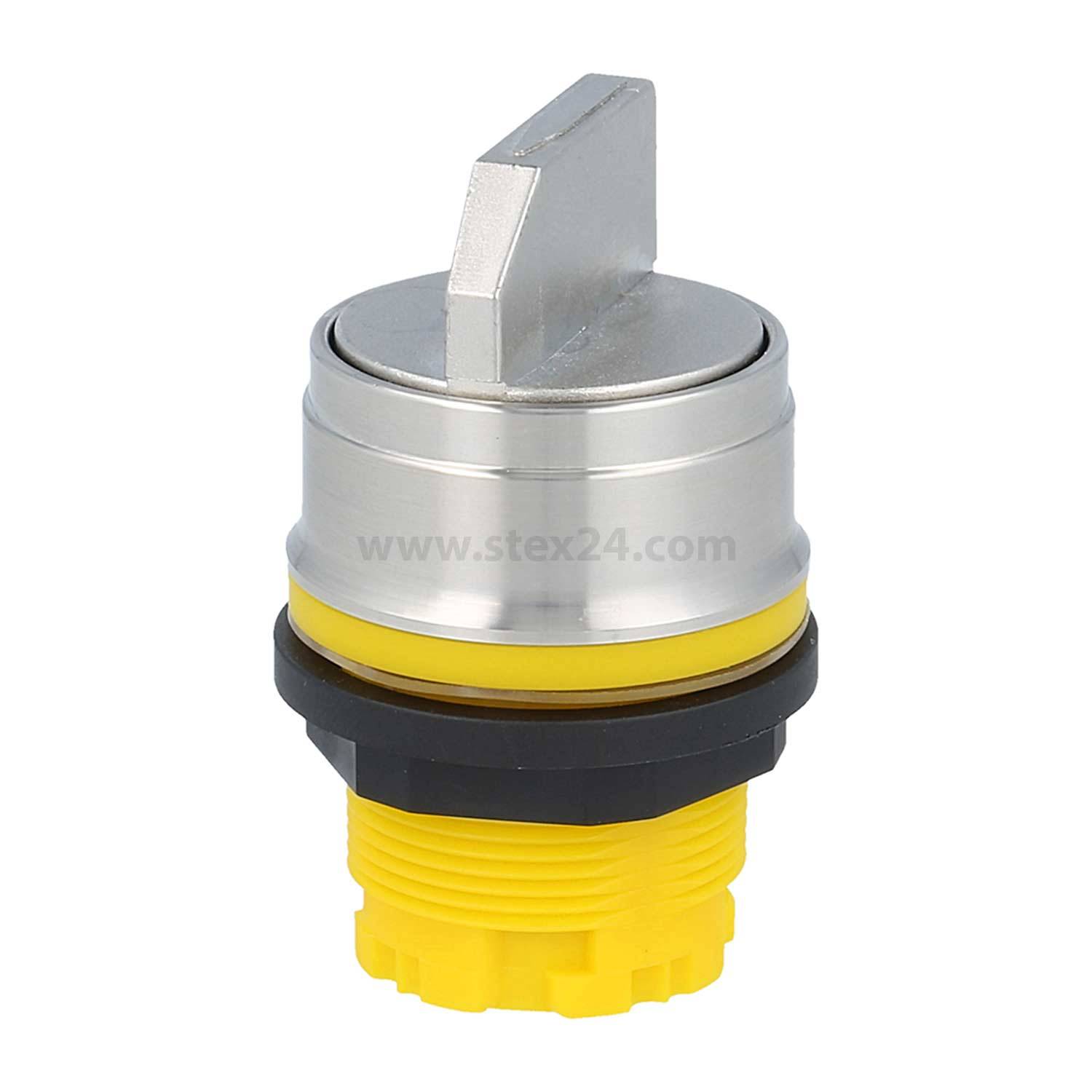 Ein metallischer Schalter mit einer gelben Basis, konzipiert für industrielle oder maschinelle Anwendungen, auf weißem Hintergrund präsentiert.