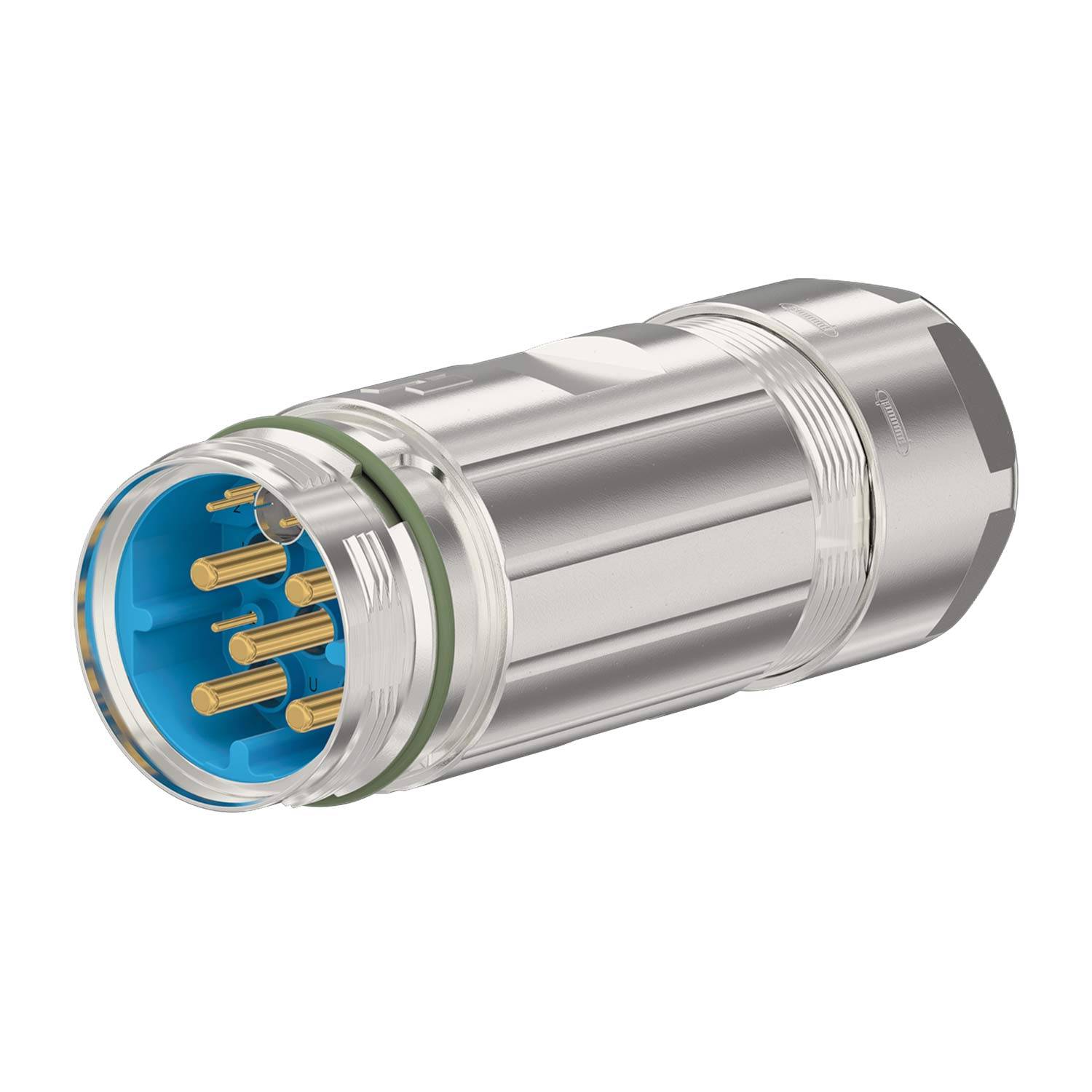 Ein zylindrischer Stecker mit mehreren Goldstiften und blauem Innenraum, entwickelt für elektronische Geräte, vor einem weißen Hintergrund.