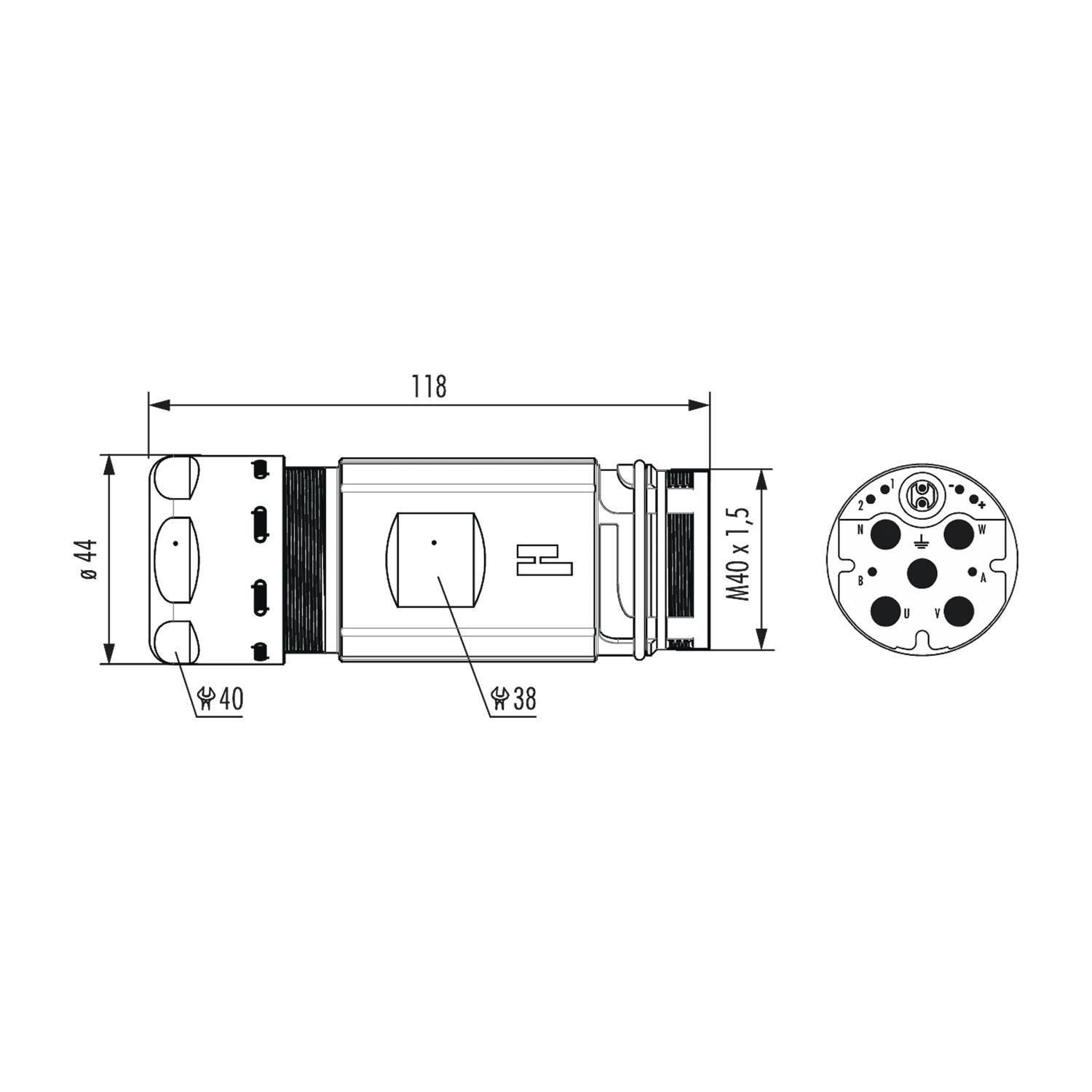 Technische Zeichnung eines zylindrischen Verbinders mit Abmessungen: Länge 118 mm, Durchmesser 44 mm. Enthält detaillierte End- und Seitenansichten.