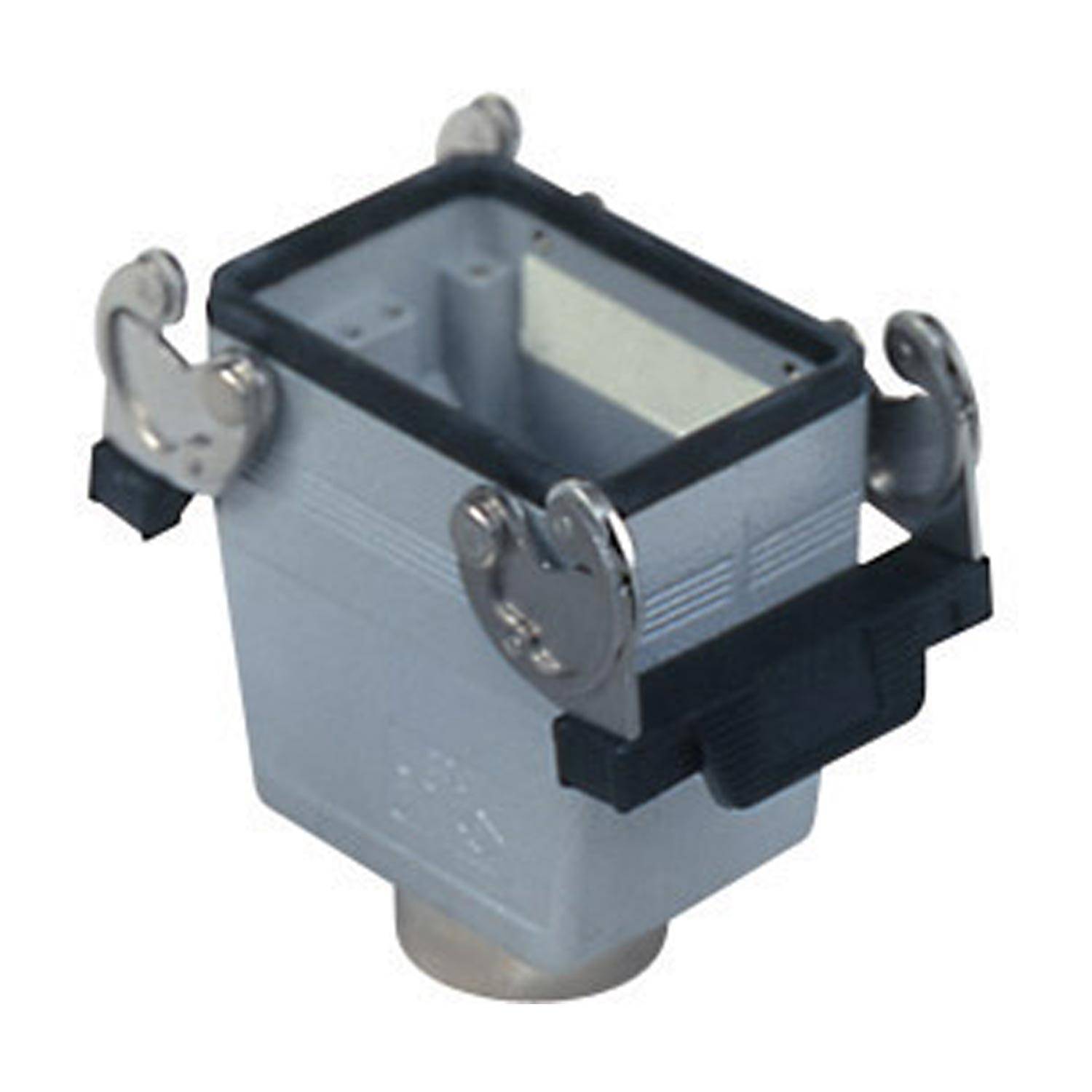 Ein rechteckiges Metallverbindungsgehäuse mit zwei Metallverriegelungen an den Seiten und einer schwarzen Gummidichtung oben. Der Boden weist eine kreisförmige Öffnung auf.