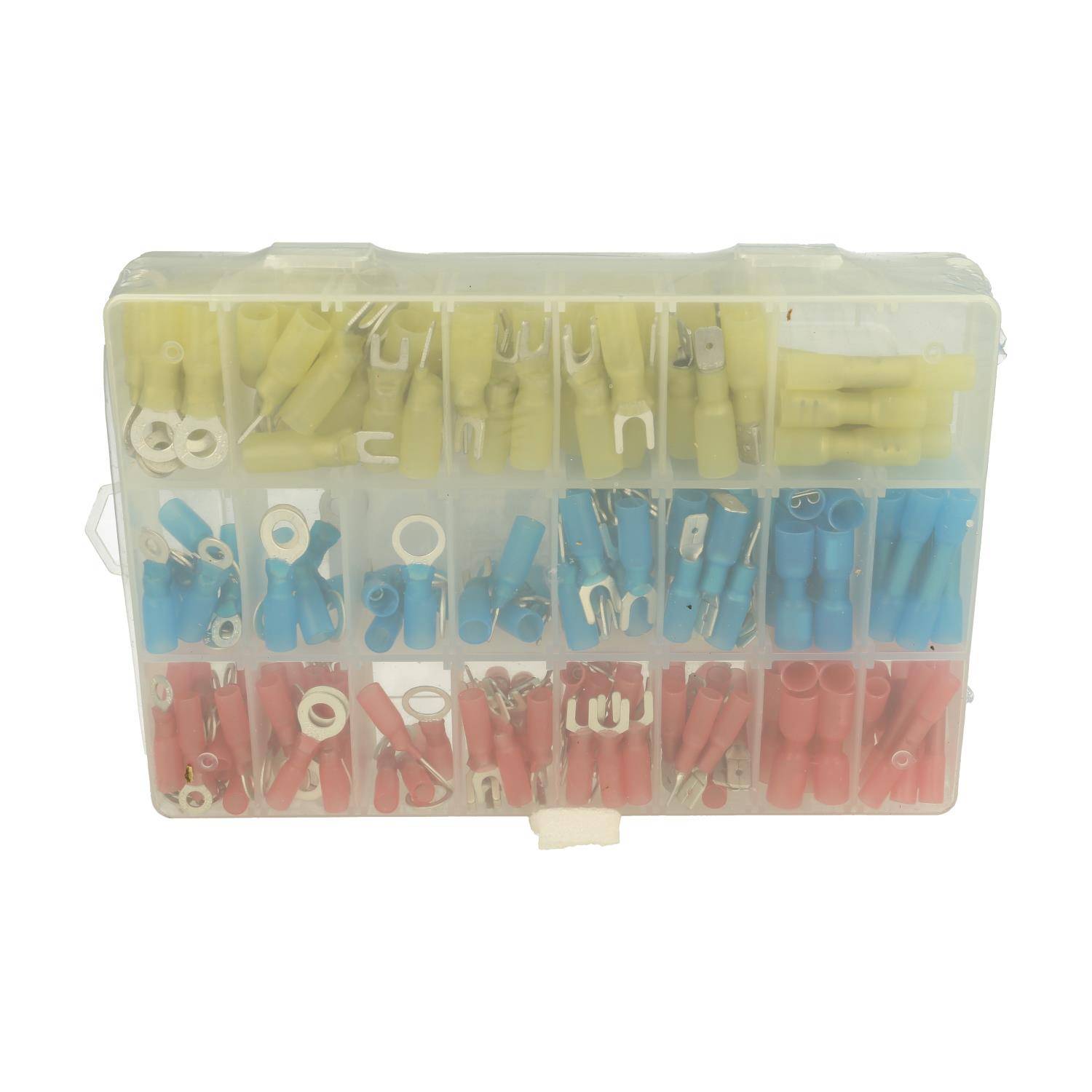Eine durchsichtige Plastikbox mit sortierten elektrischen Anschlüssen, nach Farben geordnet: Gelb, Blau und Rot.