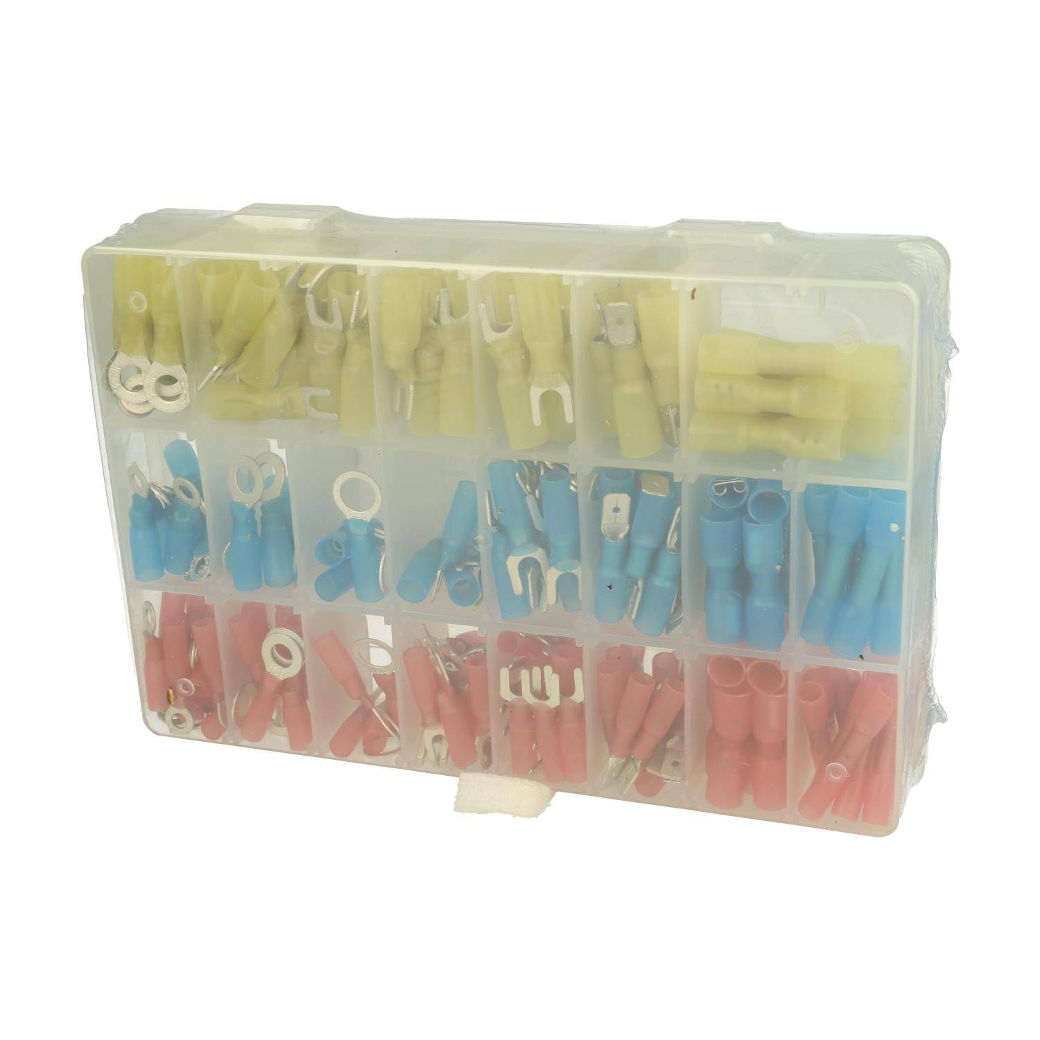 Eine klare Plastikbox mit verschiedenfarbigen elektrischen Anschlüssen, einschließlich gelber, blauer und roter Typen, nach Bereichen sortiert.