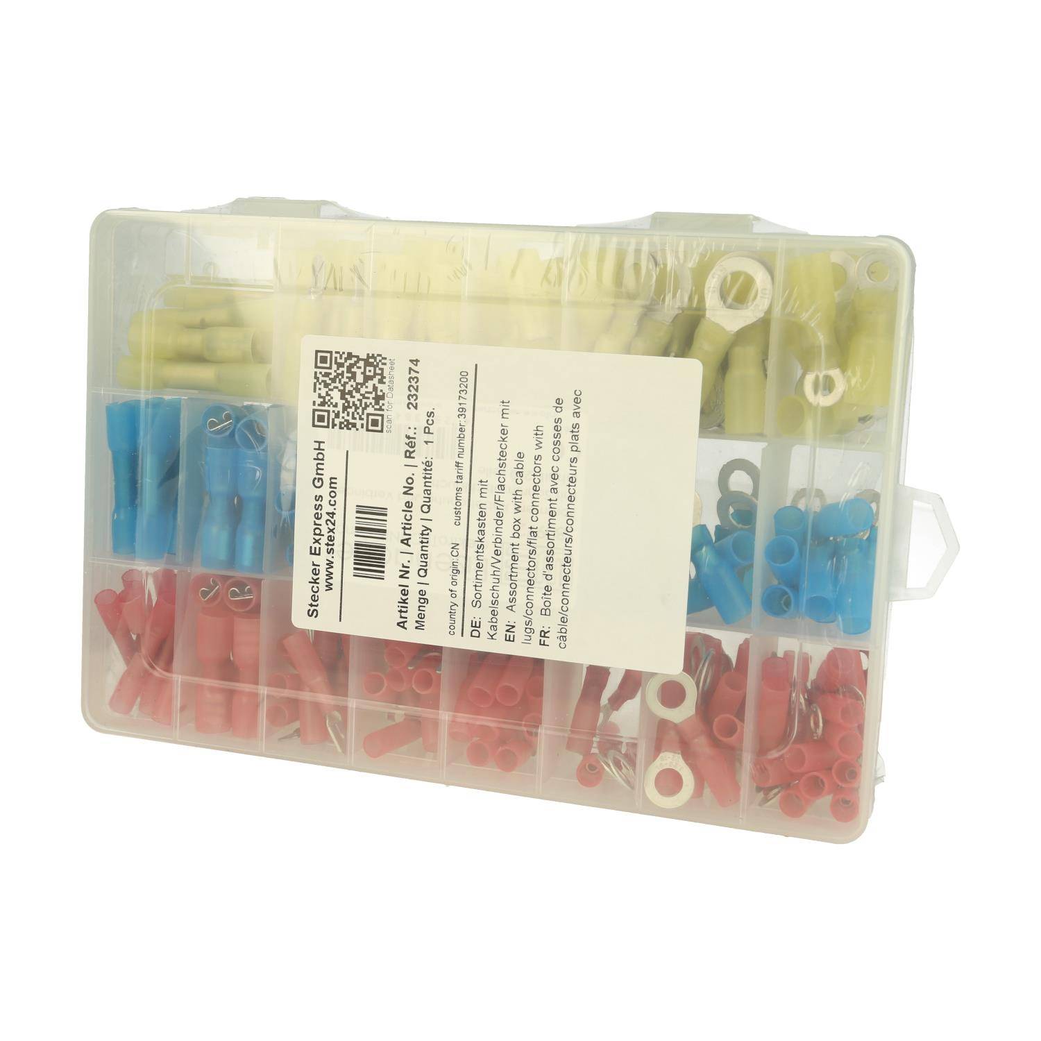 Verschiedene elektrische Anschlüsse in einer transparenten Plastikbox, nach Farben sortiert: gelb, blau und rot. Enthält verschiedene Anschlusstypen.