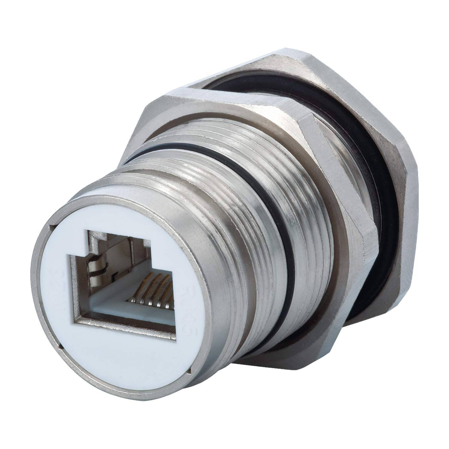 Eine silberne Metall-Ethernet-Buchse mit Gewindekanten, entwickelt für die Paneelmontage in Netzwerkgeräten oder Kommunikationsgeräten.