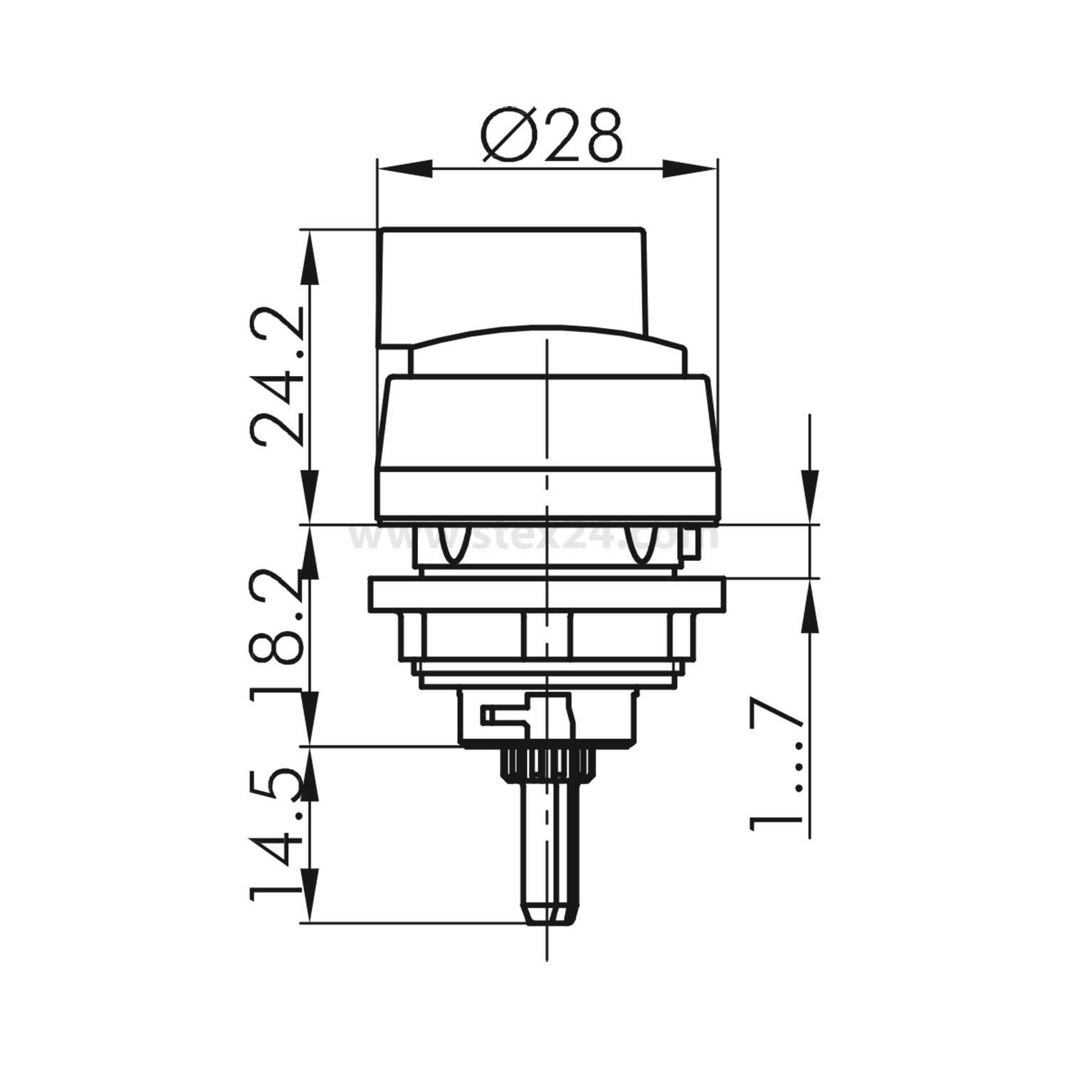 Technische Zeichnung einer Gerätekomponente mit kreisförmiger Oberseite, 28 mm Durchmesser. Vertikale und horizontale Messungen detailliert.