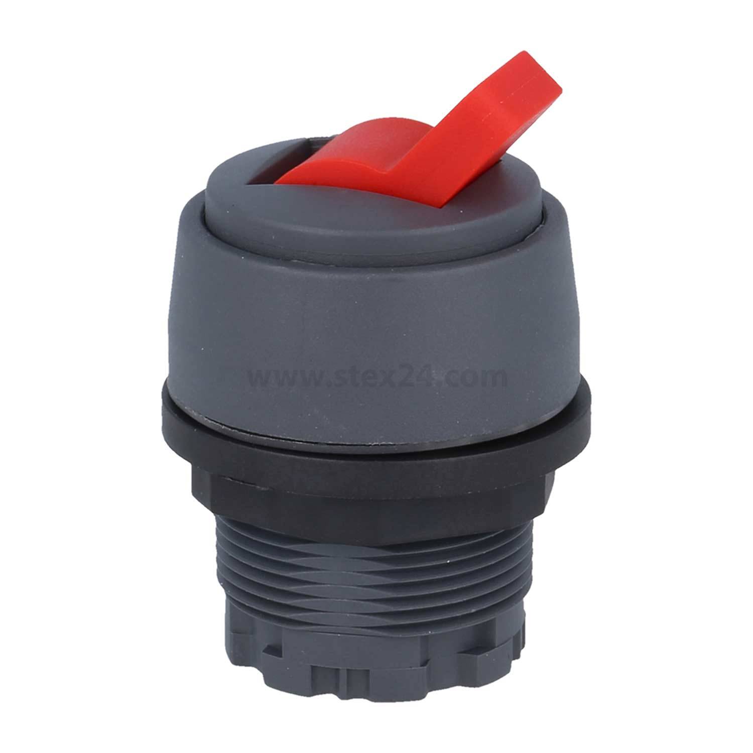 Ein runder industrieller Wahlschalter in Grau mit einem roten Hebel, konstruiert zur Steuerung elektrischer Schaltkreise, in der 