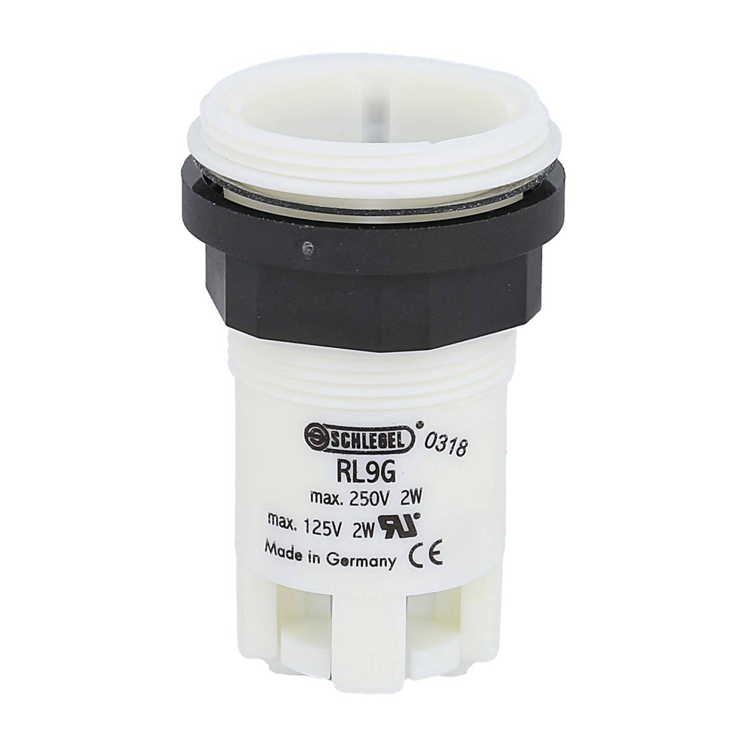 Eine weiße zylindrische Buchse mit der Bezeichnung 'Schlegel RL9G', ausgelegt für 250V, 125V, 2W, mit einem schwarzen Ring und dem Aufdruck 'Made in Germany'.