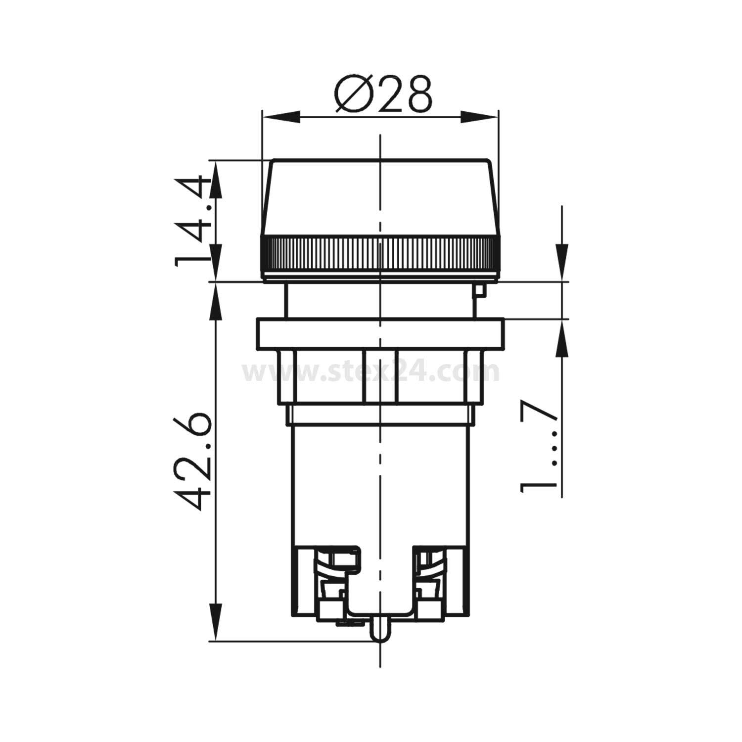 Eine technische Zeichnung zeigt eine zylindrische Komponente mit folgenden Abmessungen: Durchmesser 28 mm, Höhe 42,6 mm, zusätzliche Schlüsselmessungen von 14,4 mm und 1,7 mm.
