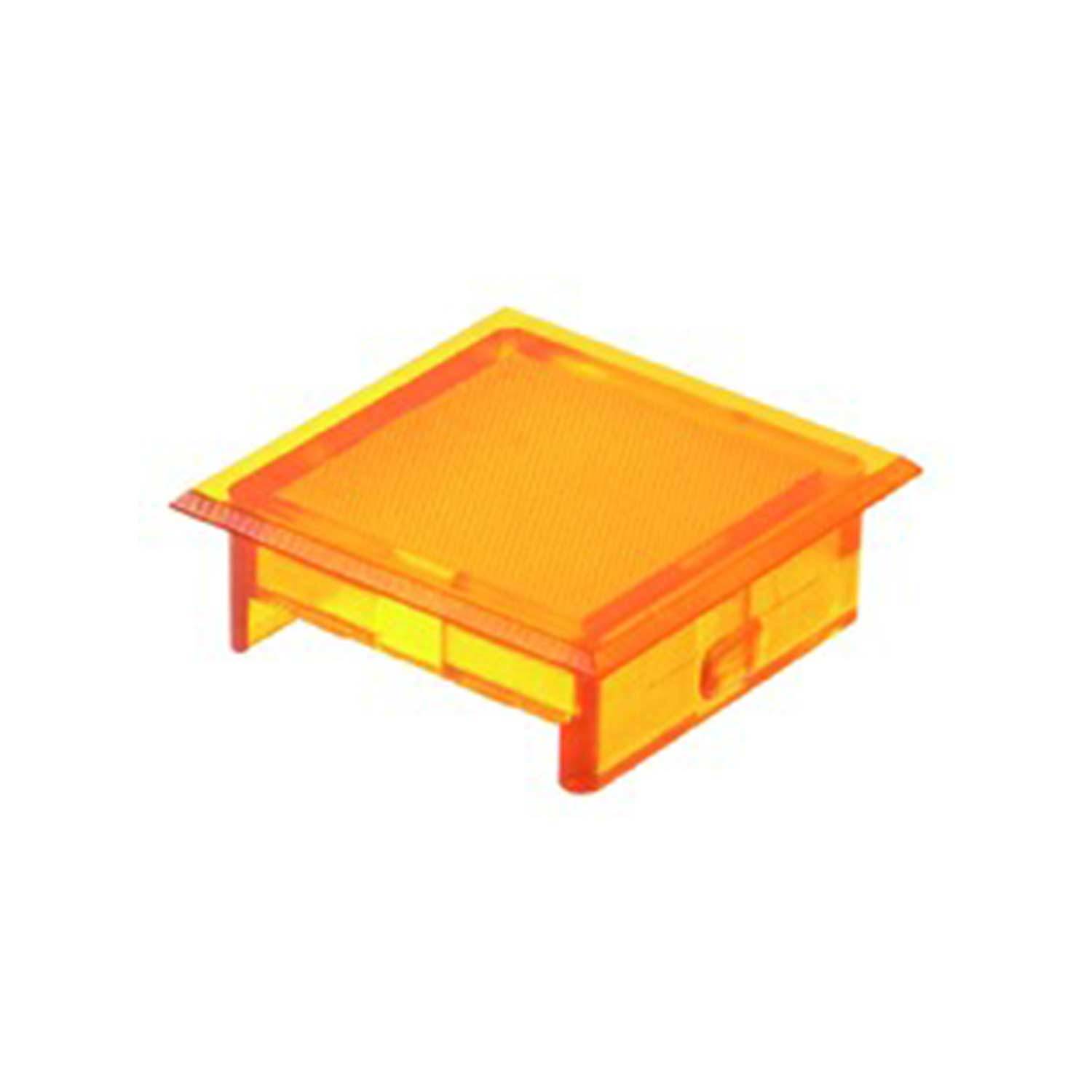 Eine orangefarbene LEGO-Platte, 2x2 Größe, von einem Winkel aus betrachtet.