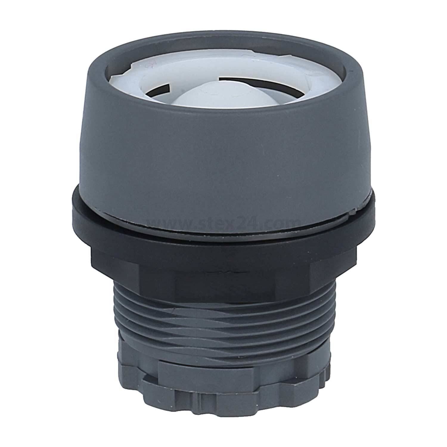 Ein grauer Kunststoffschraubdeckel mit zylindrischer Form und Gewinde am Boden.