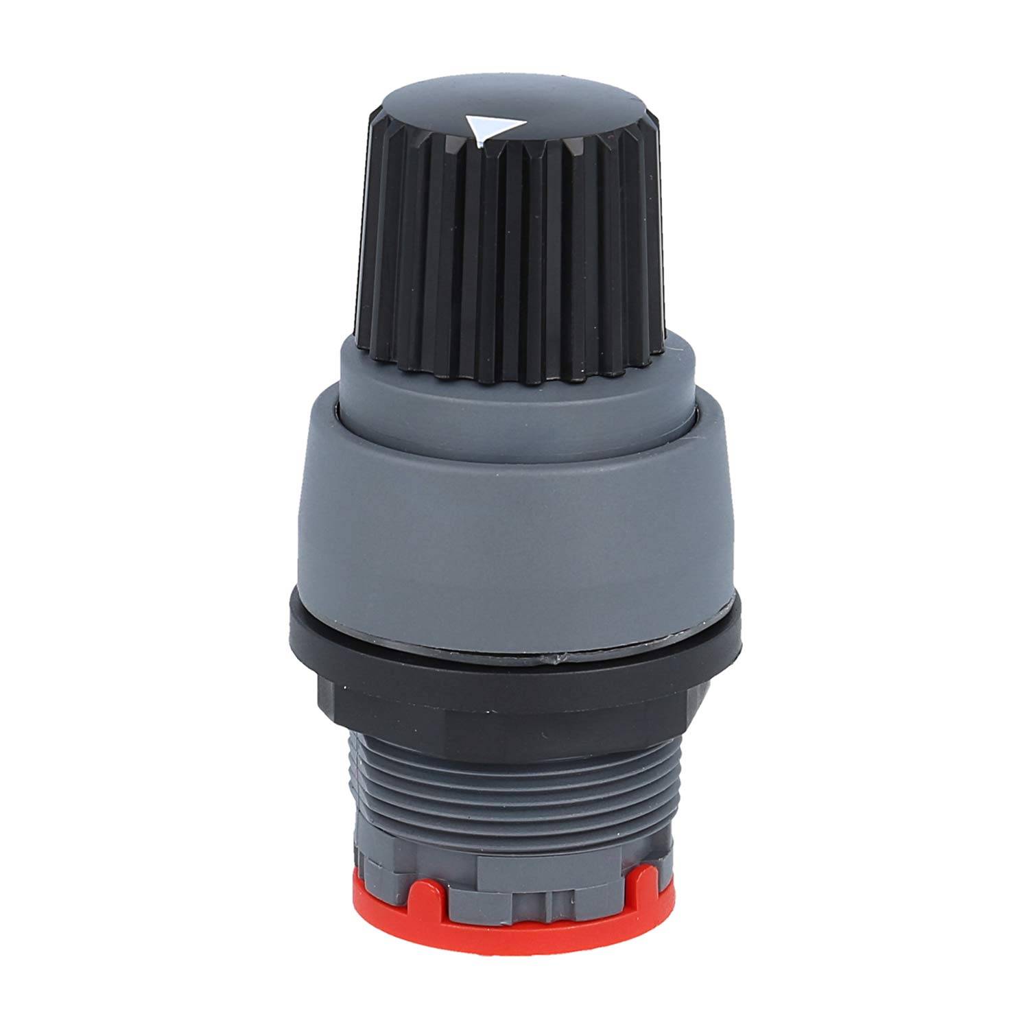 Ein grauer und schwarzer industrieller Knopf mit gerifftem Griff und roter Basis, möglicherweise verwendet zum Einstellen von Maschinen- oder Ausrüstungseinstellungen.