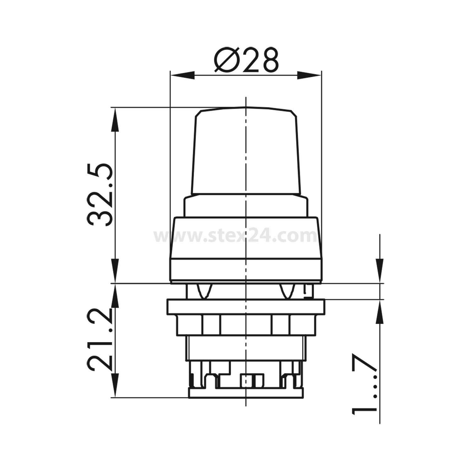 Eine technische Zeichnung eines Drucktastenschalters mit Abmessungen: Durchmesser 28 mm, Höhe 32,5 mm und Höhe des unteren Abschnitts von 21,2 mm.