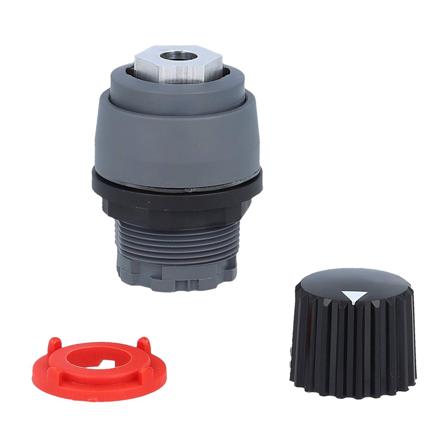 Elektrischer Schalter mit einstellbarem schwarzem Drehknopf und einer roten Ringkomponente, verwendet zur Steuerung von Maschinen oder Geräten.