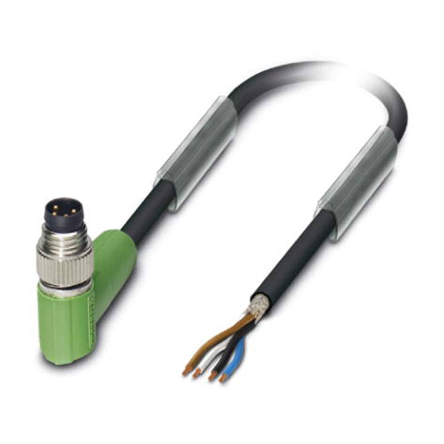 Ein grüner, abgewinkelter Verbinder mit vier Anschlüssen, der an ein schwarzes Kabel angeschlossen ist. Das Kabelende zeigt vier farbcodierte Drähte.