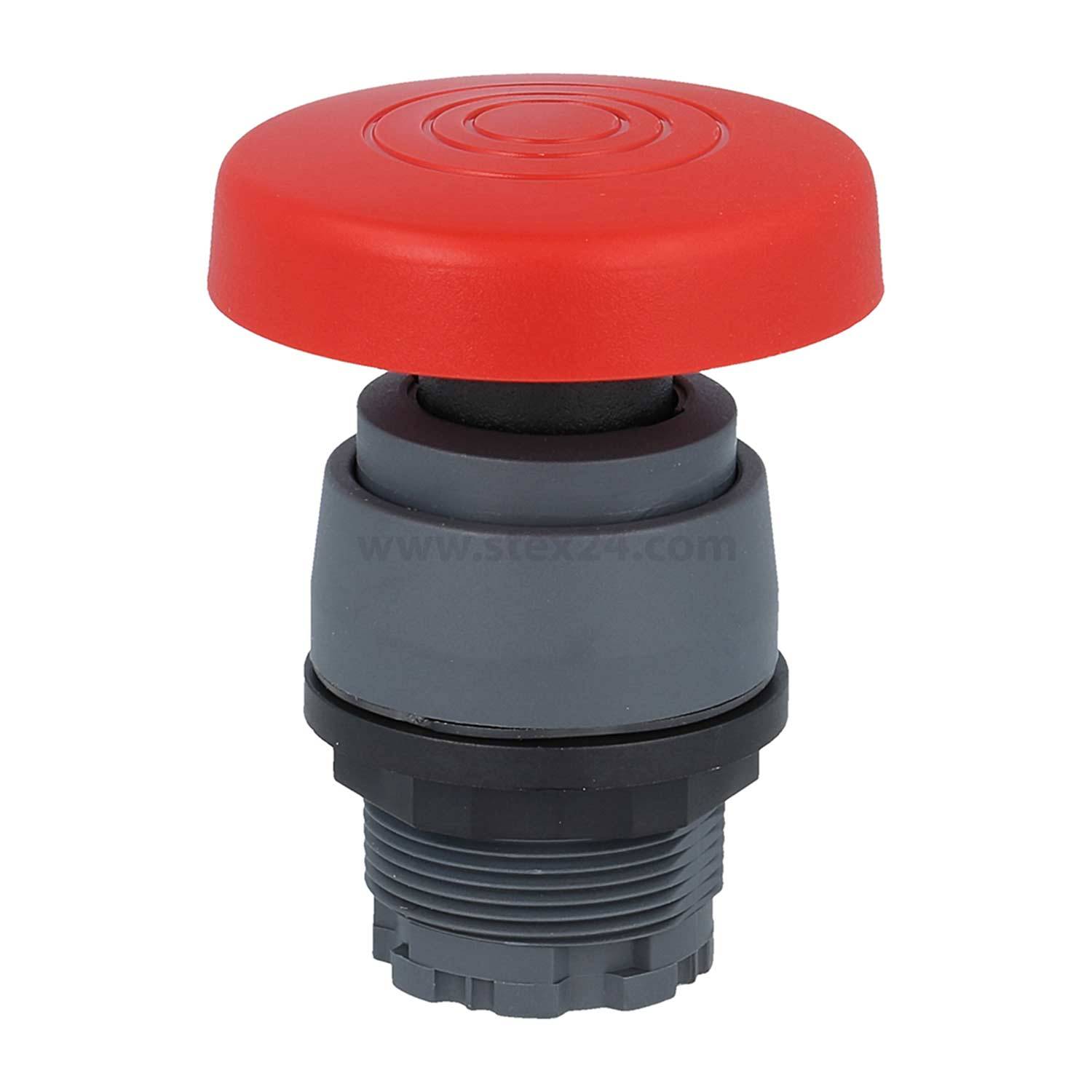 Notaus-Schalter mit einer großen, roten, kreisrunden Abdeckung auf einer grauen zylindrischen Basis, der verwendet wird, um Maschinenabläufe in Notsituationen schnell zu stoppen.