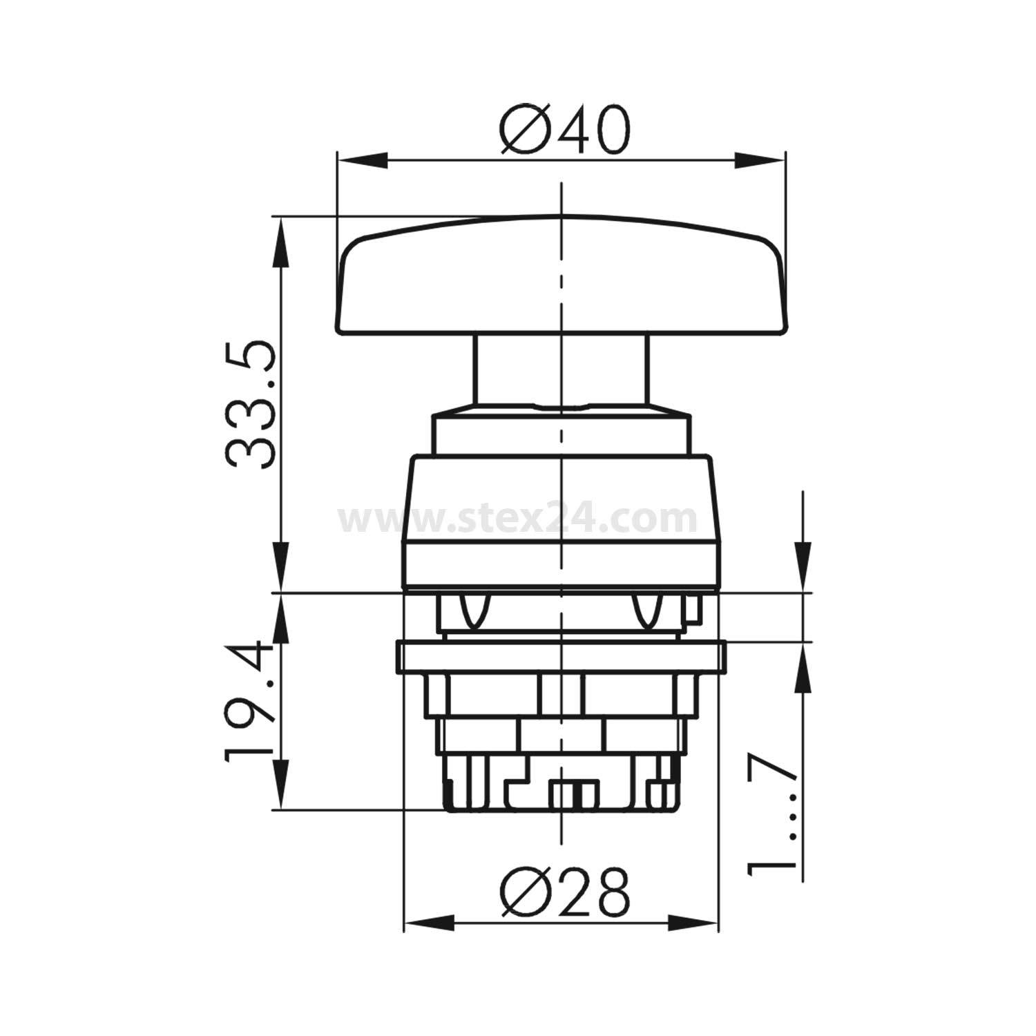 Diagramm eines zylindrischen Knopfes mit einem Durchmesser von 40 mm am oberen Ende, einer Basishöhe von 19,4 mm und einer Basisdurchmesser von 28 mm. Die Gesamthöhe beträgt 33,5 mm.