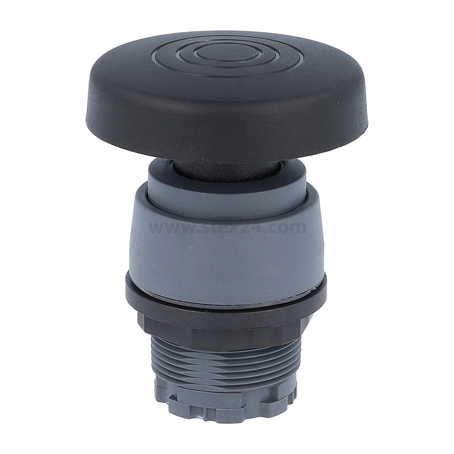 Ein rundes, industrielles Drucktastenventil in Schwarz mit gerippter Struktur, das zur Maschinensteuerung verwendet wird, vor einem einfarbigen Hintergrund präsentiert.