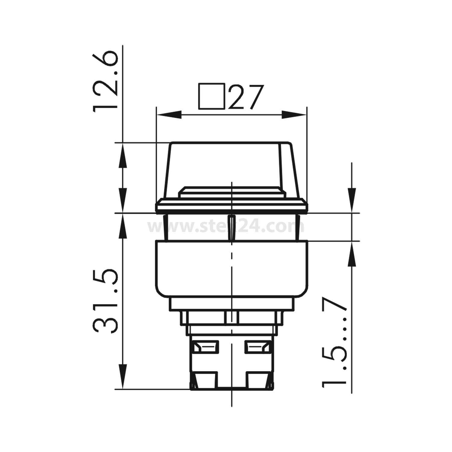 Schaltplan einer elektronischen Komponente mit Abmessungen: Breite 27 mm, Höhe 31,5 mm und zusätzliche Details, die einen Bereich von 1,5-7 mm angeben.