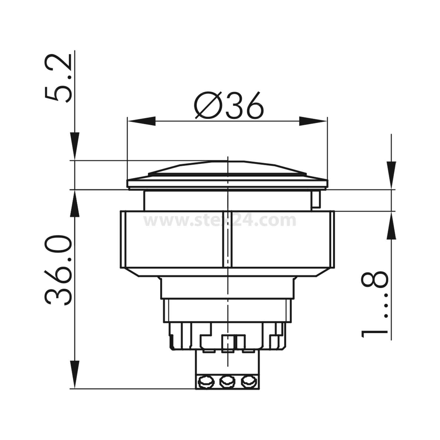 Technische Zeichnung eines Drucktastenschalters, 36 mm Durchmesser, 36 mm Höhe, mit Einbautiefe von 1 bis 8 Einheiten. Seiten- und Draufsicht mit Abmessungen dargestellt.