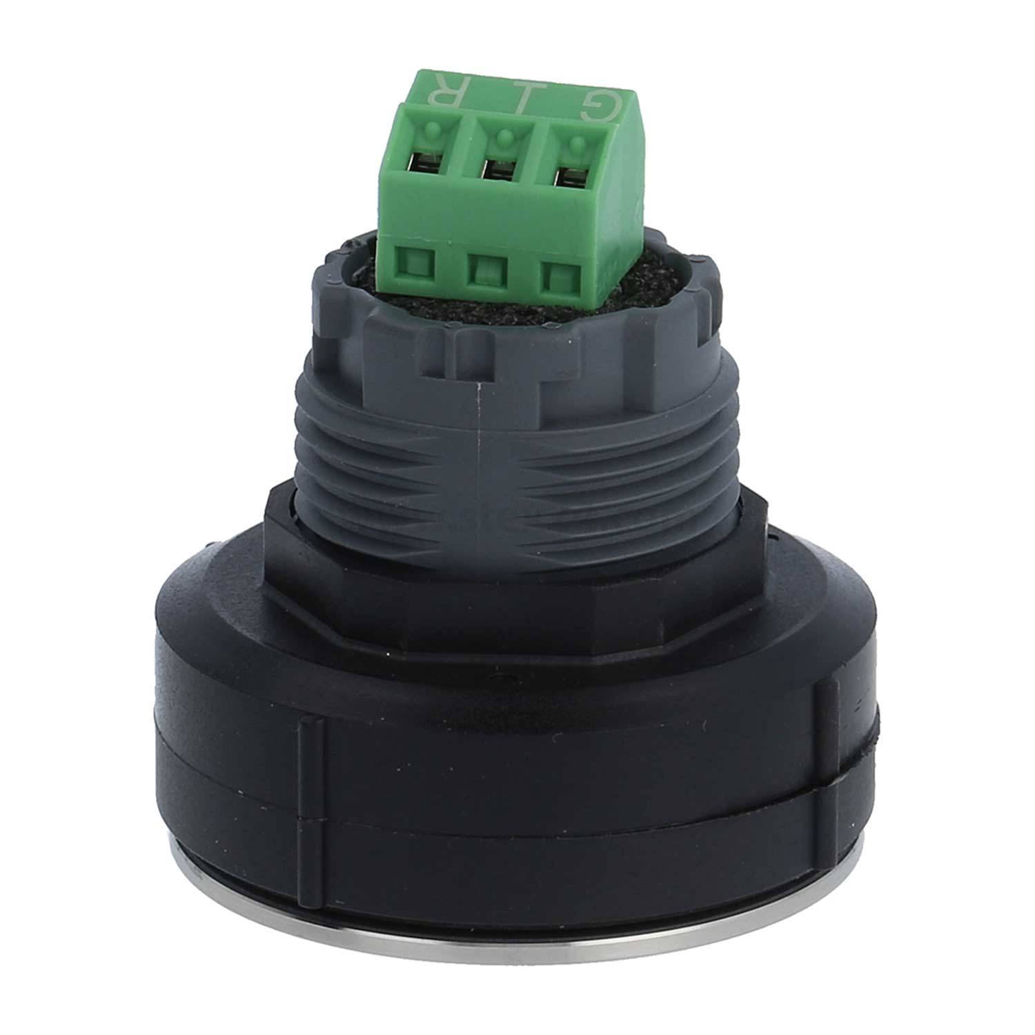 Eine schwarze zylindrische elektronische Komponente mit einem grünen Anschluss an der Oberseite, die vier Anschlüsse für elektrische Verbindungen zeigt.